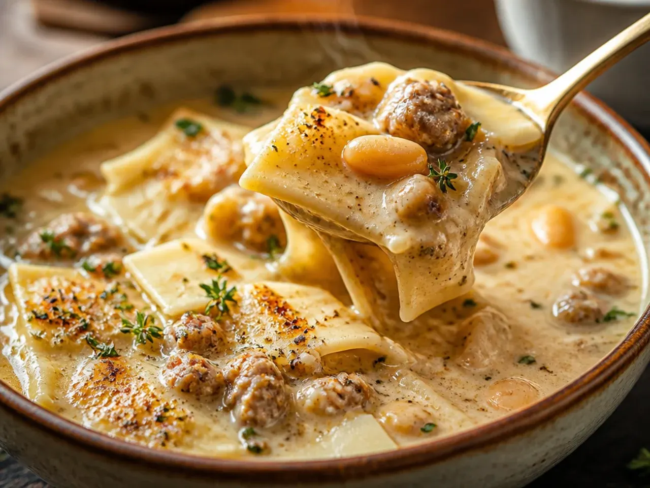 Hearty white chicken lasagna soup loaded with crumbled sausage and white beans.