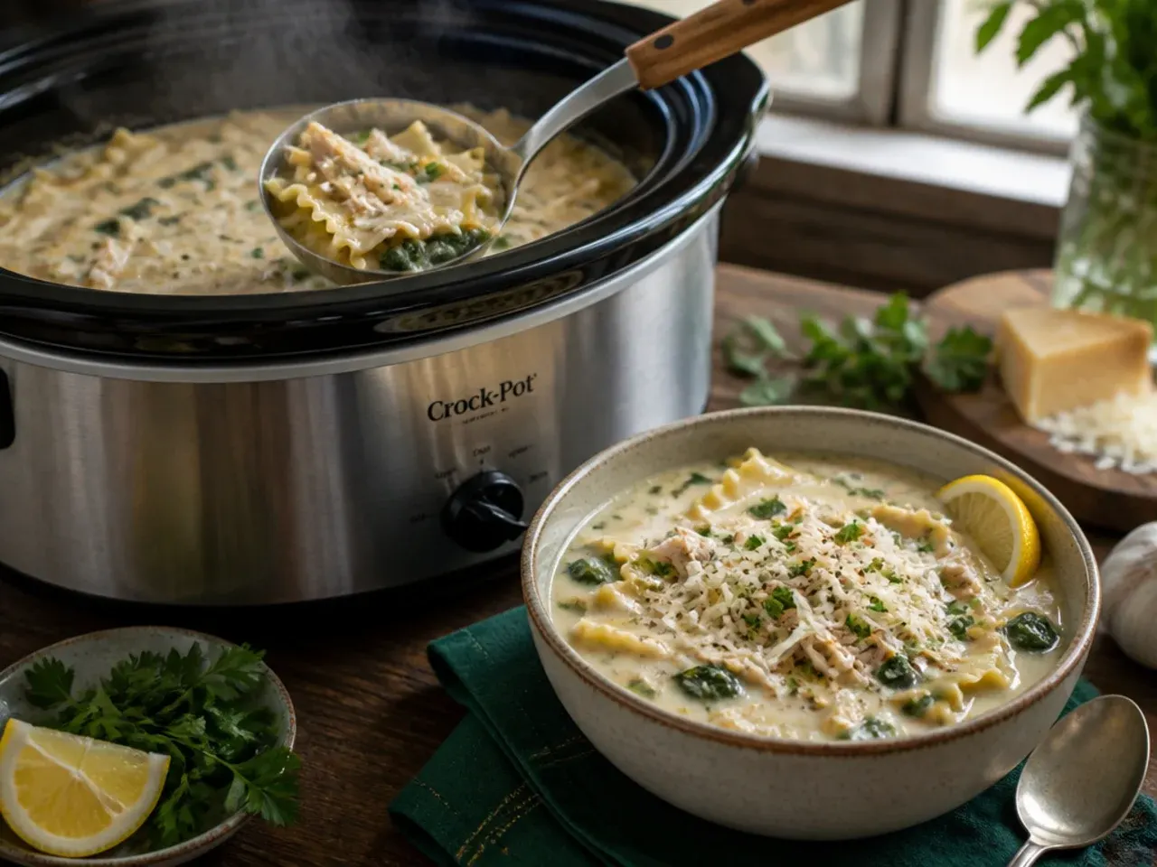 Slow cooker filled with white chicken lasagna soup, lid resting to the side, steam rising.