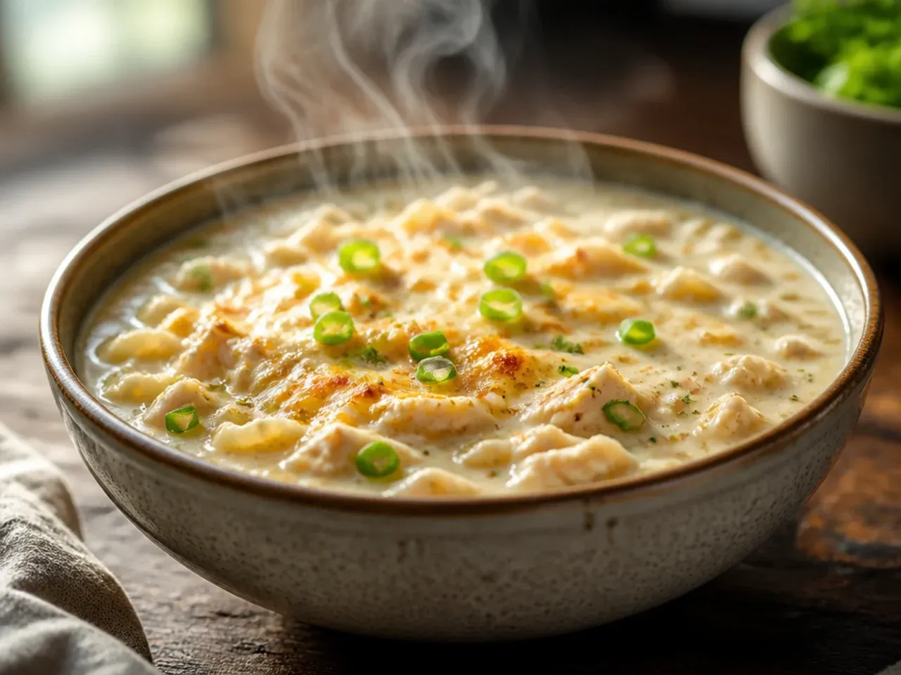 Extra-creamy white chicken lasagna soup with visible ricotta dollops and thick, glossy broth.