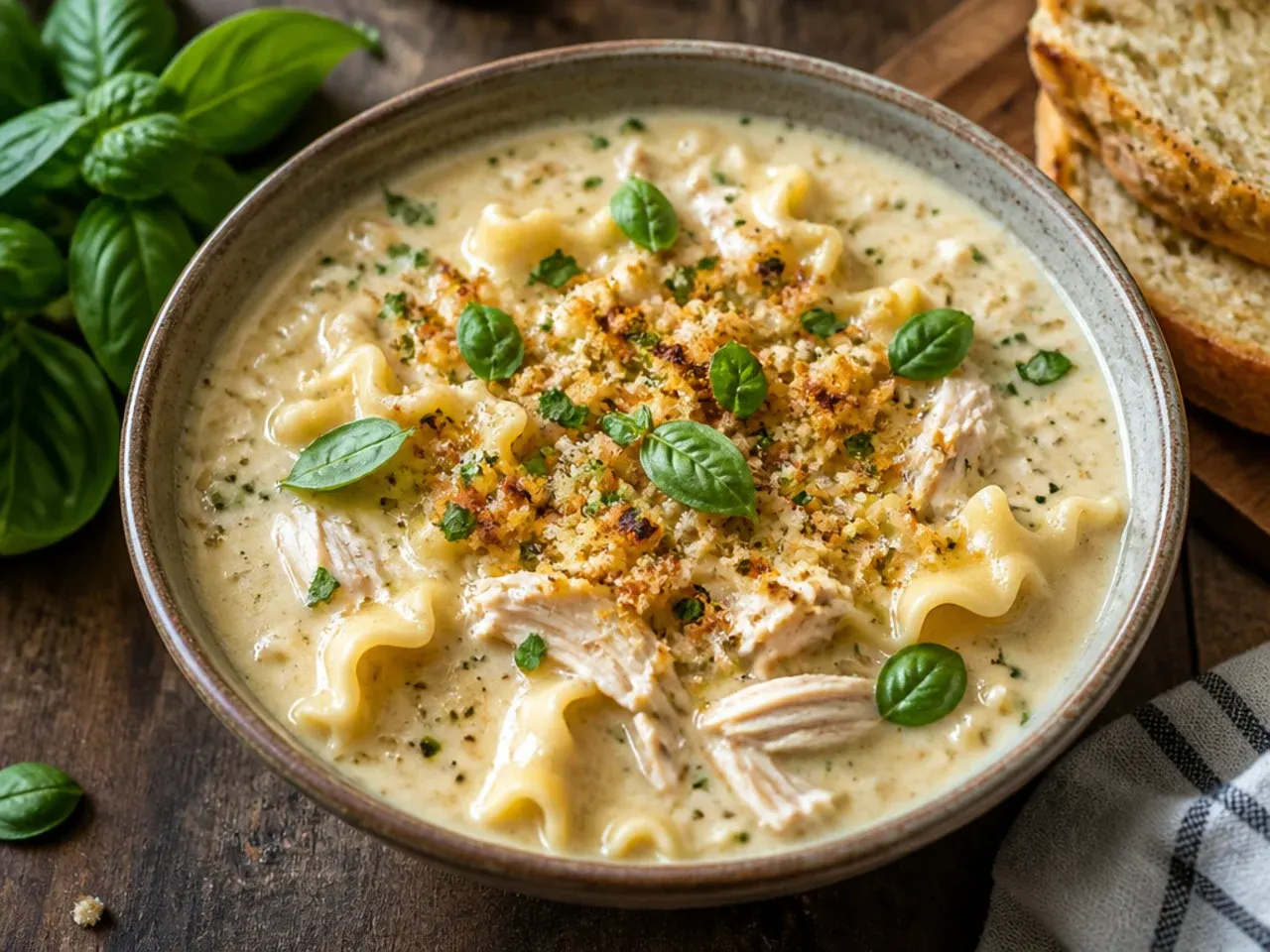 Simple five-ingredient white chicken lasagna soup in a plain white bowl with a spoon.