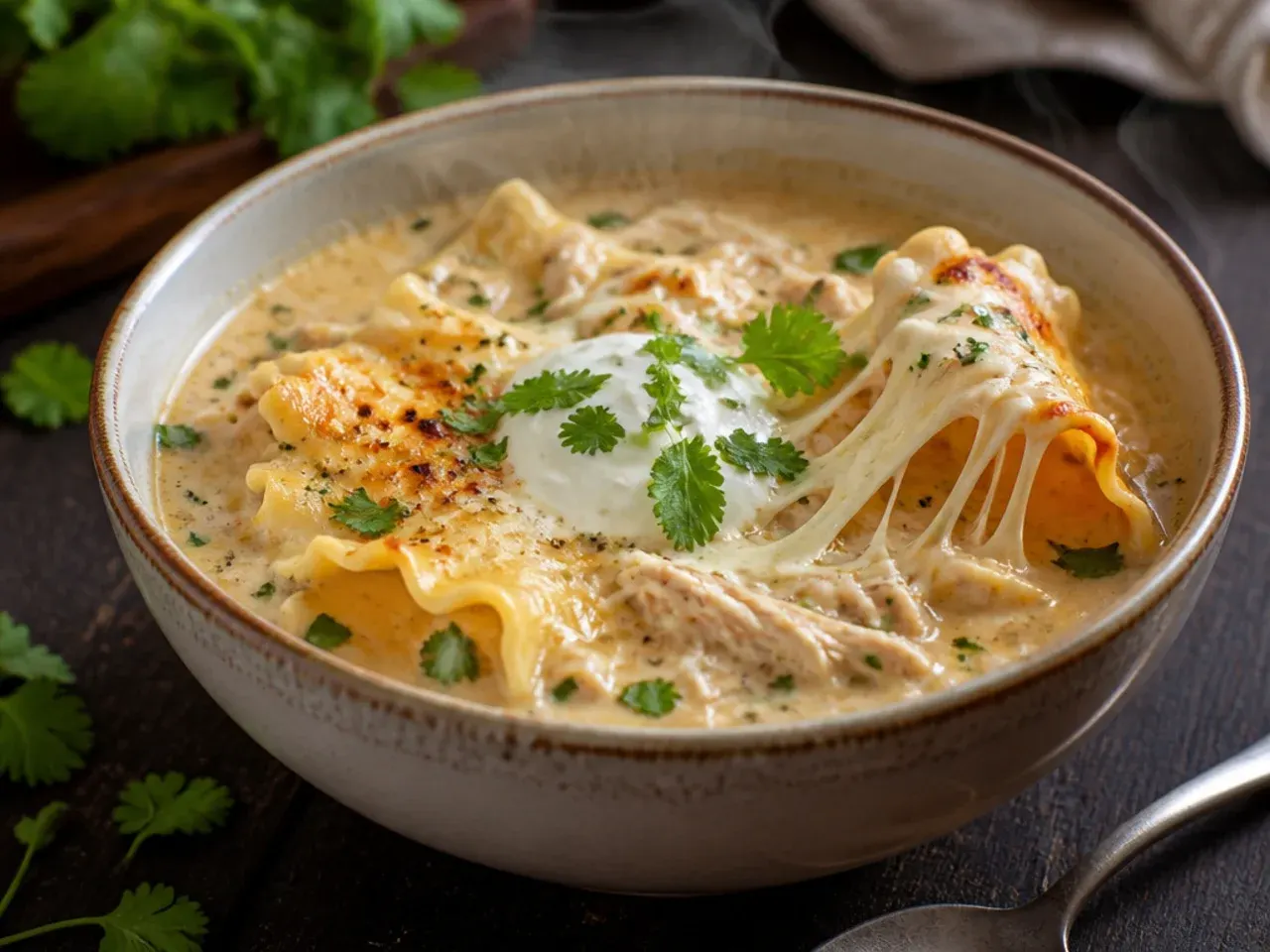 Broiled white chicken lasagna soup with a bubbling, golden mozzarella crust on top.