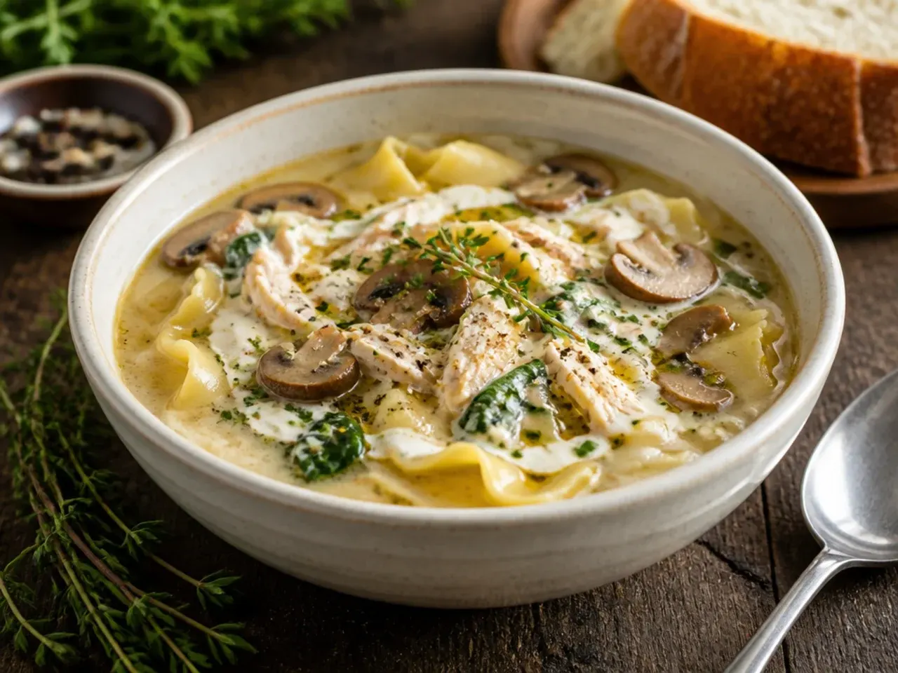 Earthy white chicken lasagna soup with sautéed mushrooms and fresh thyme sprigs.