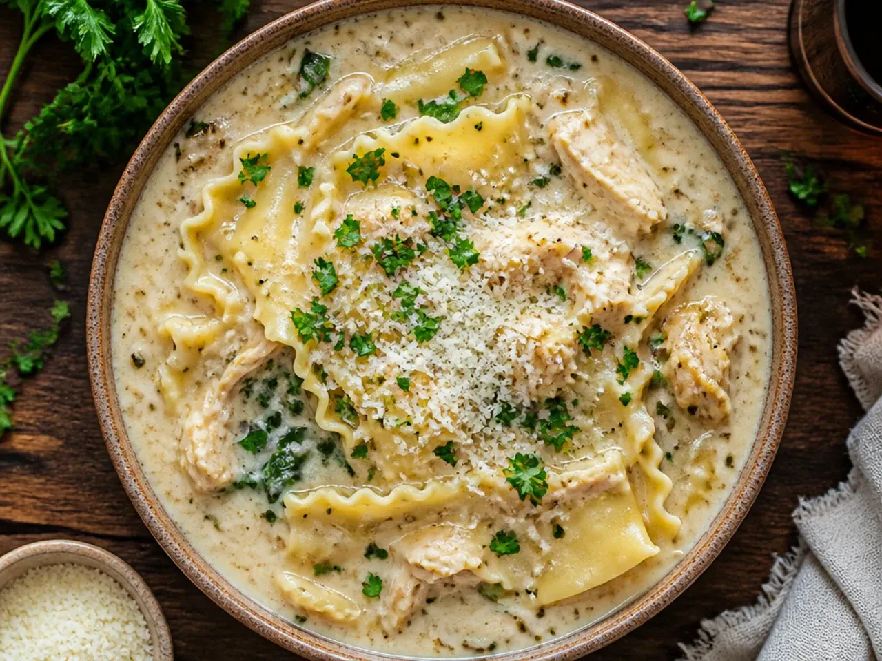 Budget-friendly white chicken lasagna soup made with rotisserie chicken and cheddar cheese.