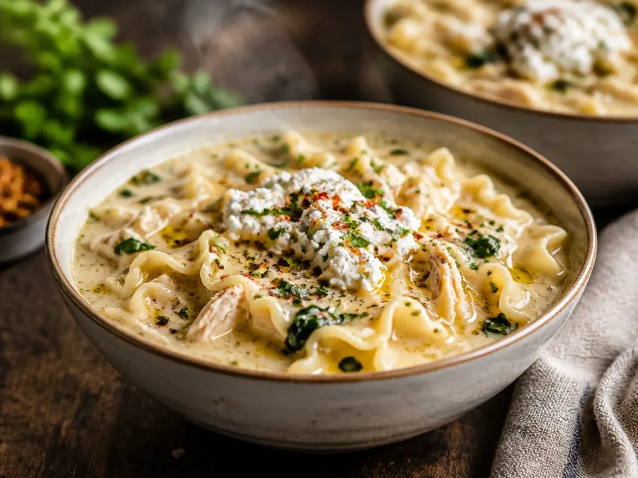 Electric pressure cooker filled with white chicken lasagna soup, lid open, steam rising.