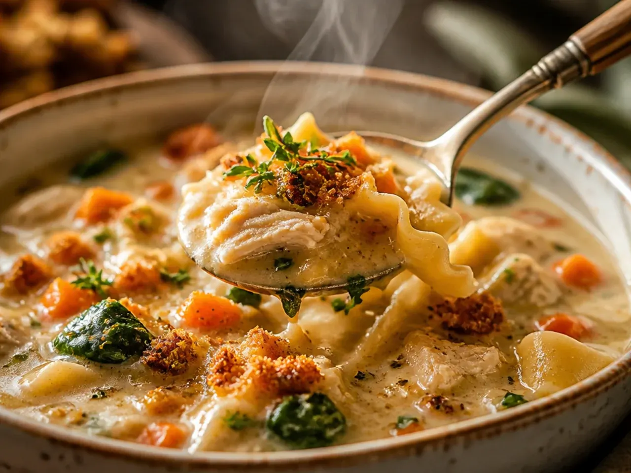 Rustic white chicken lasagna soup packed with diced courgette, pepper and carrot.