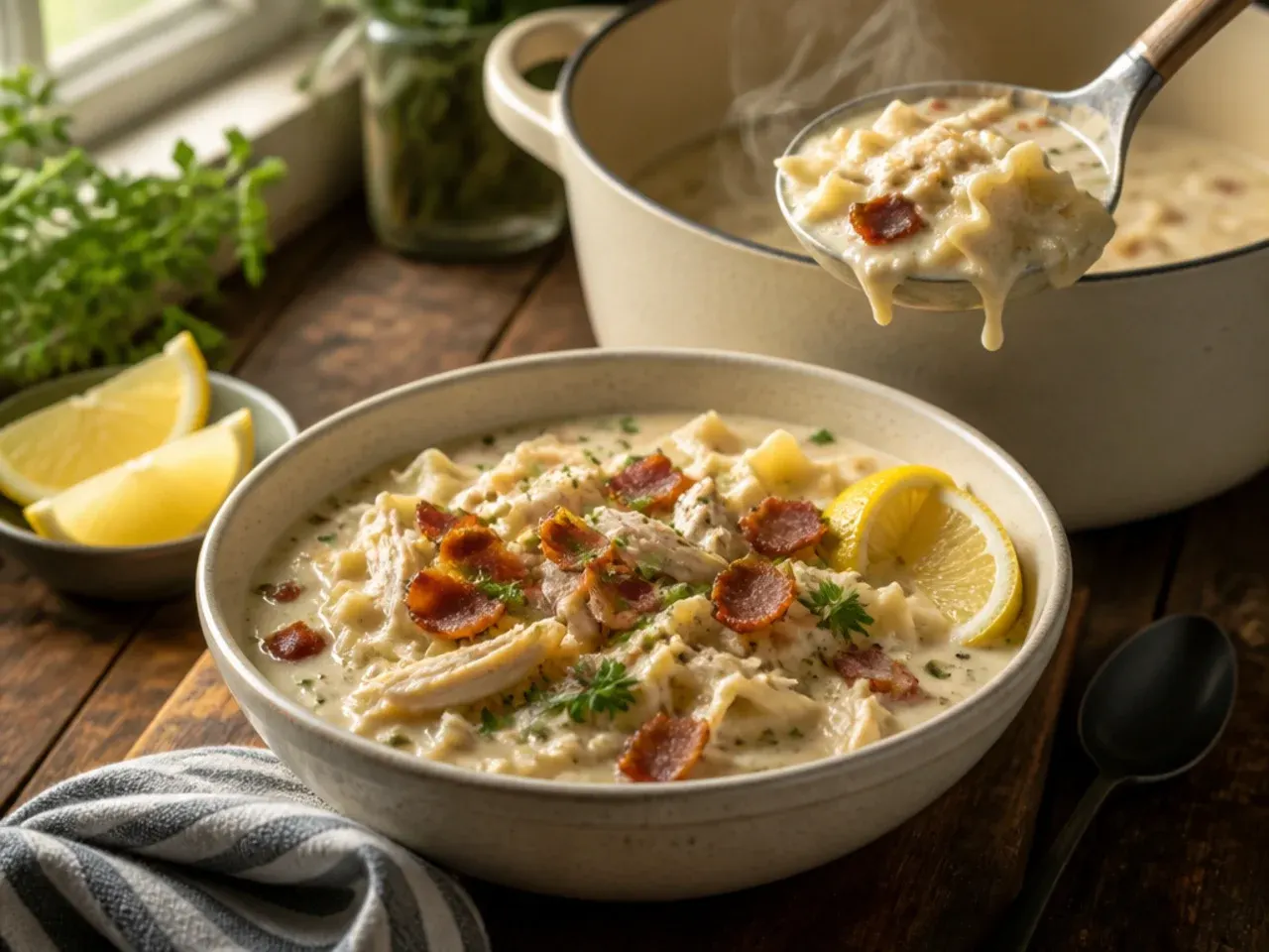 Loaded white chicken lasagna soup topped with crispy bacon crumbles and chopped chives.