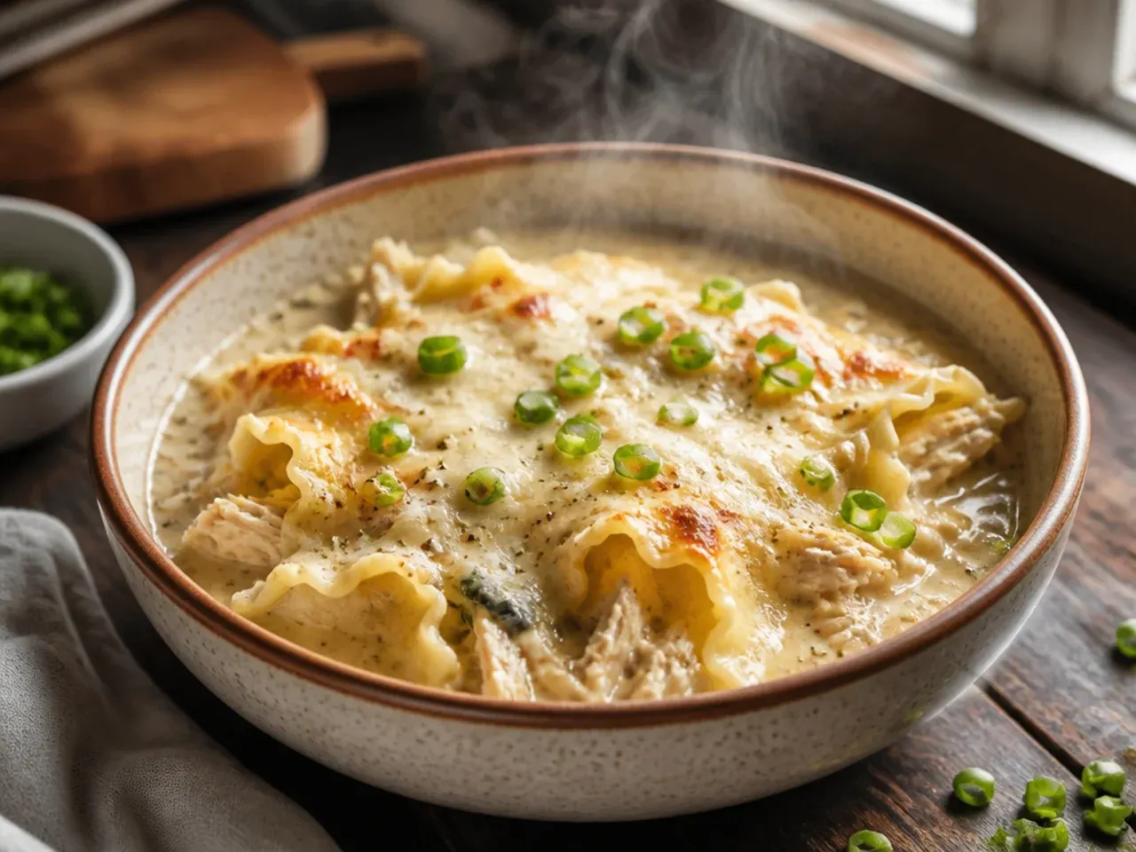 Family-style baked white chicken lasagna soup in a large dish with a golden cheese crust.