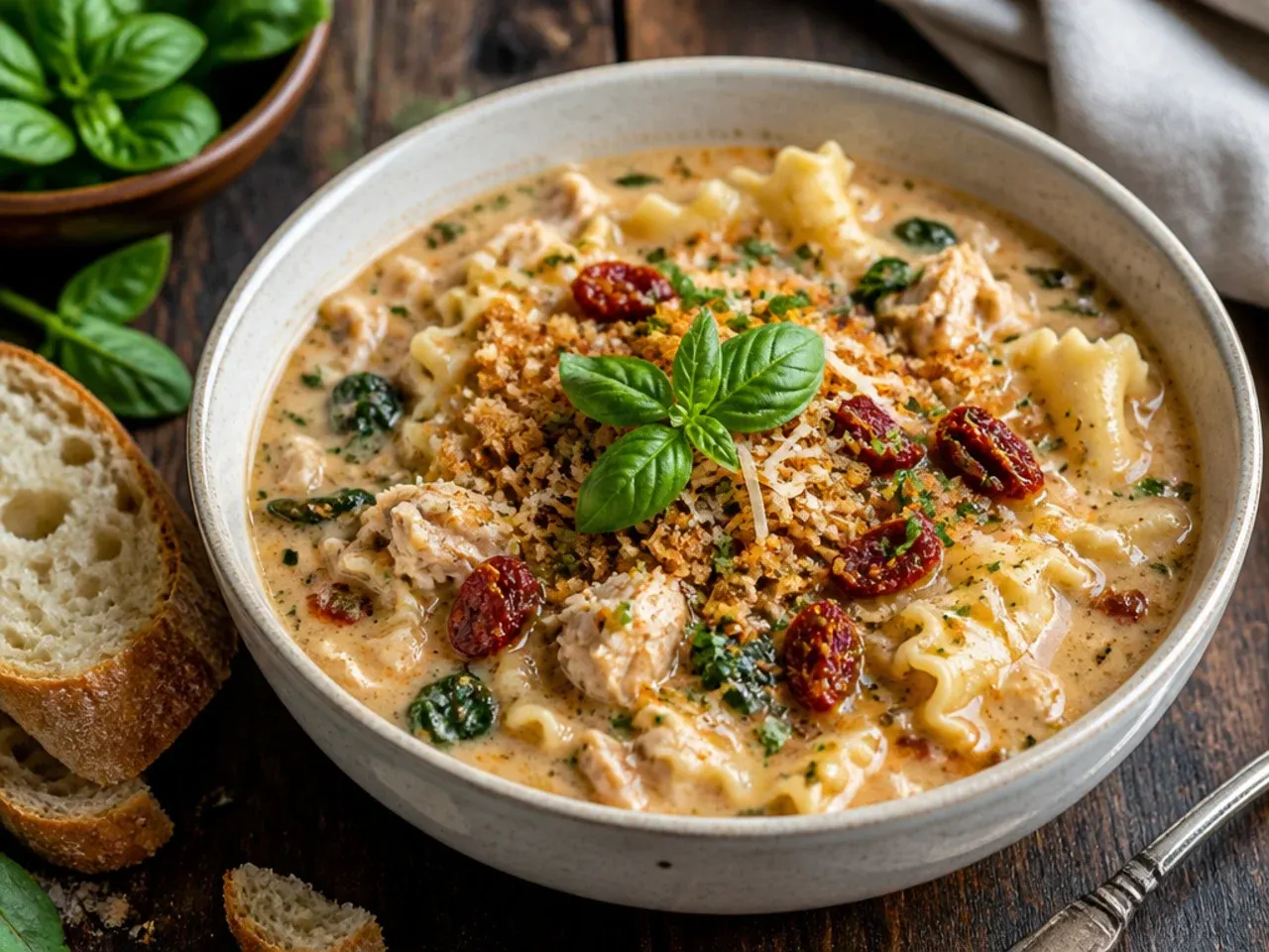 Bowl of white chicken lasagna soup with sun-dried tomatoes and wilted spinach folded through.