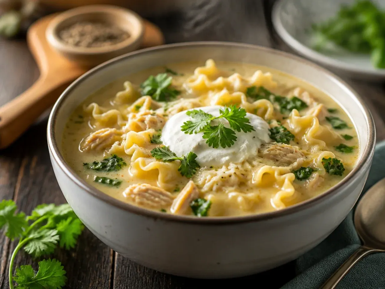 Single Dutch oven of one-pot white chicken lasagna soup with noodles cooked straight in the broth.