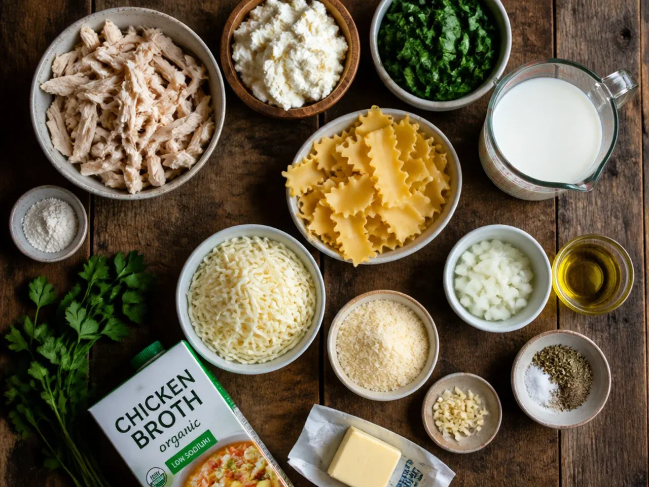 Close-up of a wooden spoon lifting creamy white chicken lasagna soup from the pot.