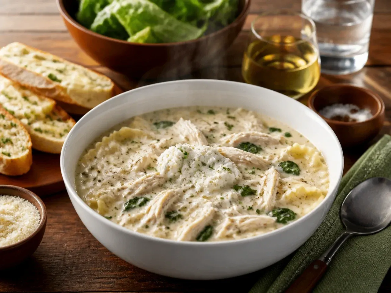 Table set with a bowl of white chicken lasagna soup, garlic bread and a side salad.