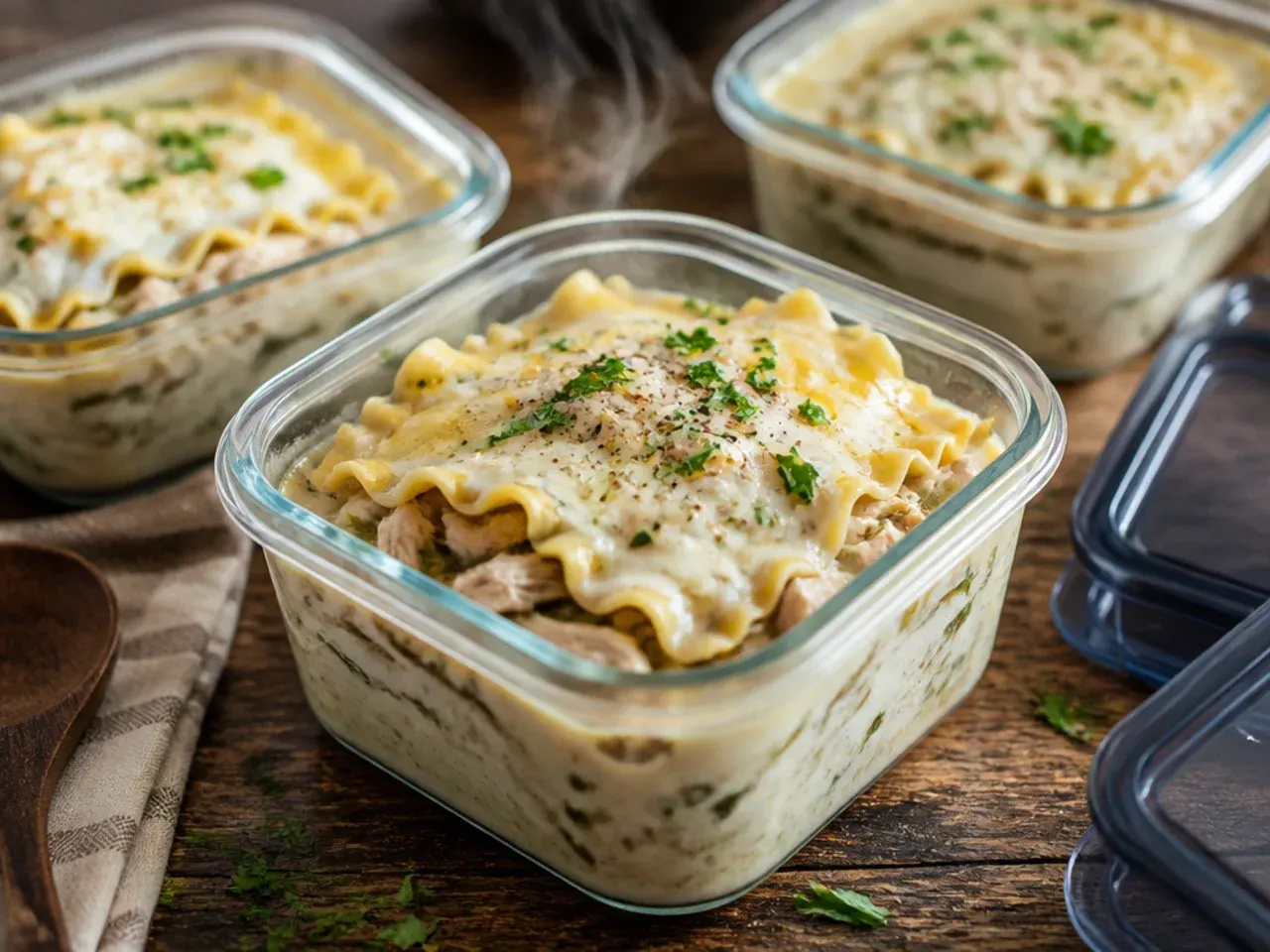 Airtight container of leftover white chicken lasagna soup ready to be stored in the fridge.