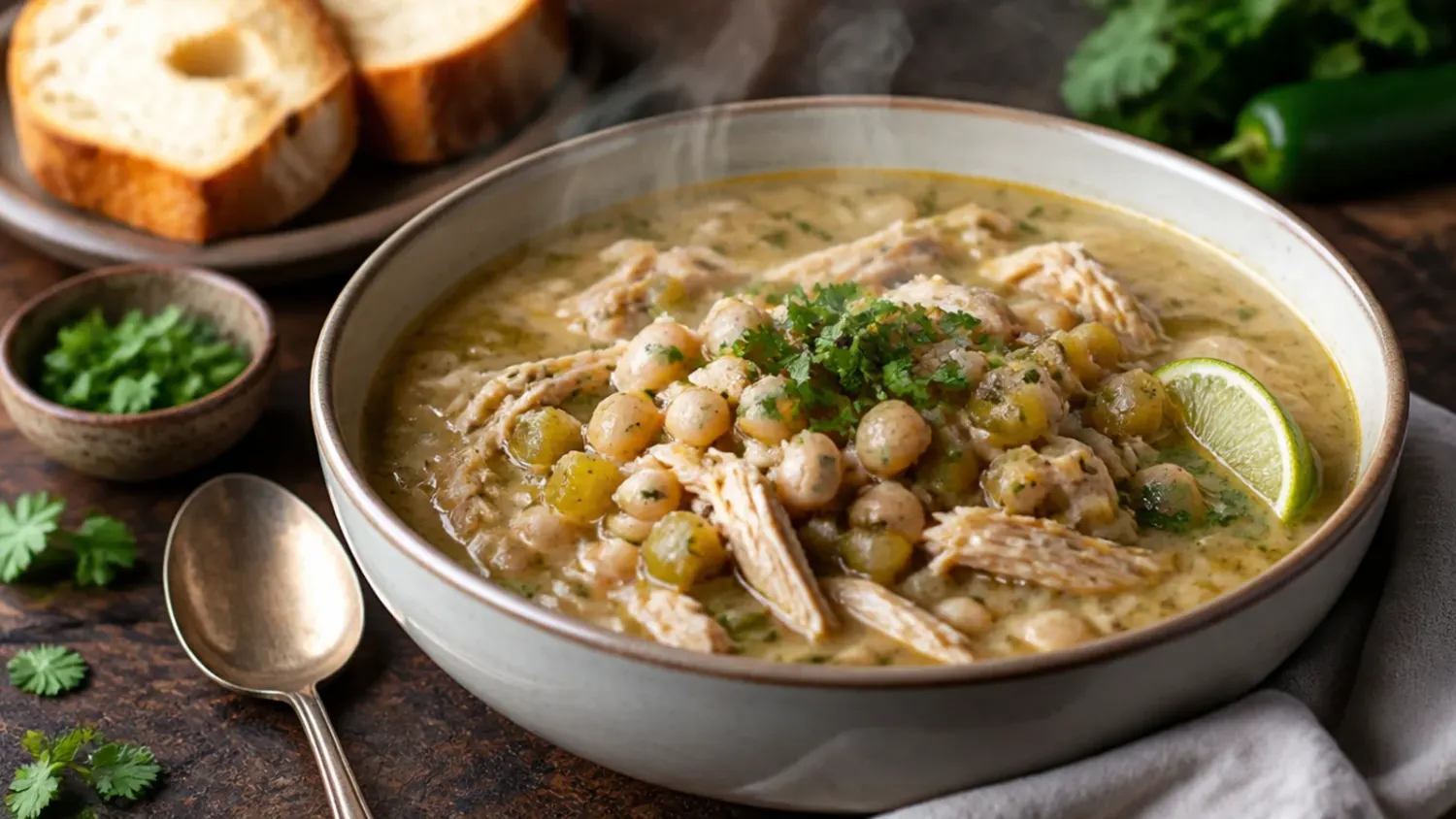 A bowl of creamy white chicken chili topped with shredded cheese, jalapeno slices, and fresh coriander, served with lime wedges and tortilla chips.