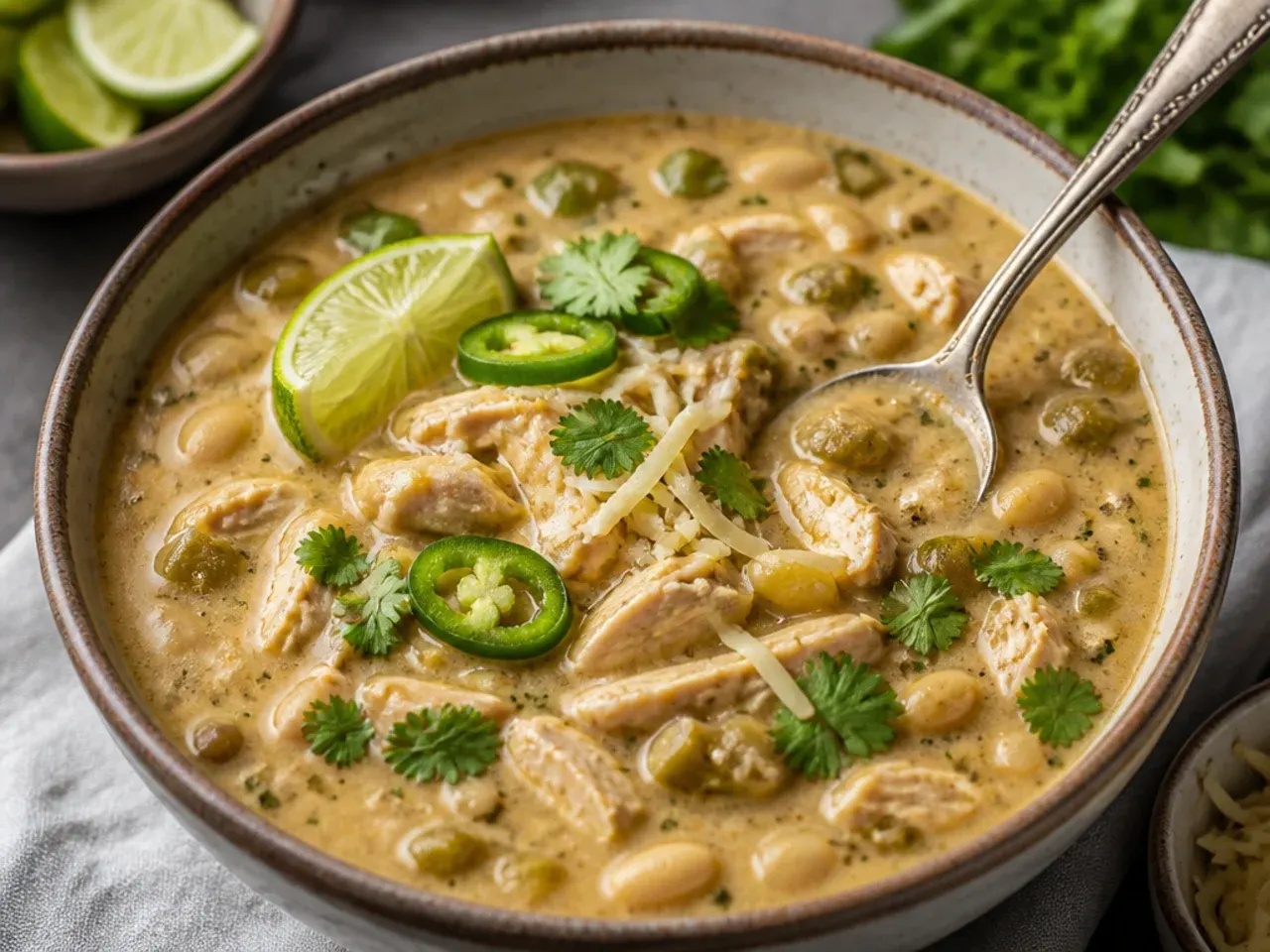 Overhead shot of a pot of creamy white chicken chili with steam rising, surrounded by lime wedges, fresh coriander, and a bowl of tortilla chips.