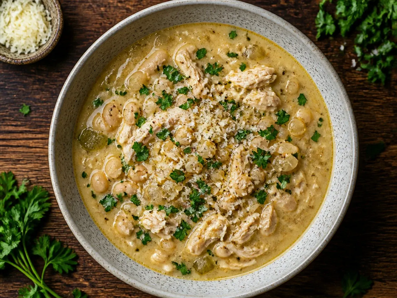 A ladle lifting a scoop of classic white chicken chili from a Dutch oven, showing shredded chicken and whole cannellini beans in a creamy broth.