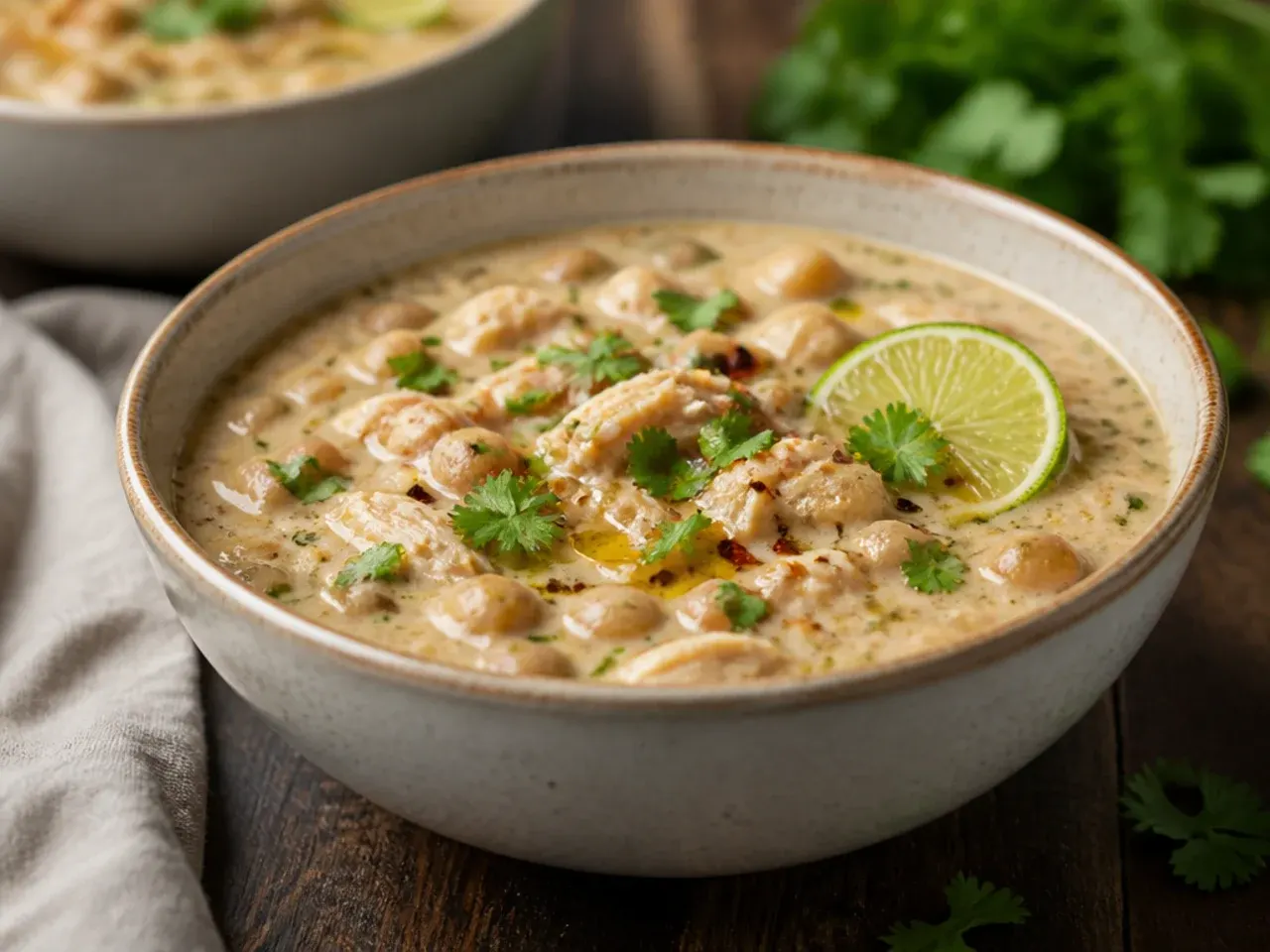 A quick weeknight bowl of white chicken chili made with rotisserie chicken, garnished with shredded cheese and jalapeno slices.