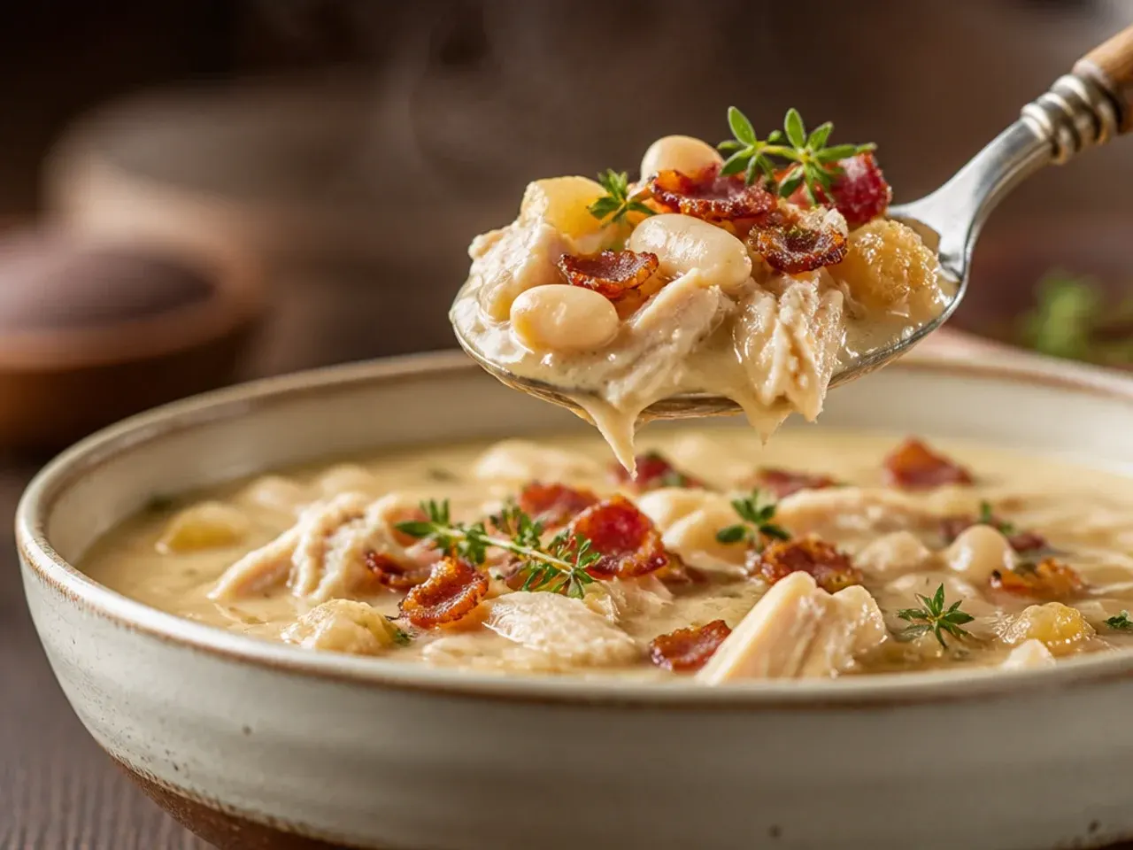 A bowl of hearty white chicken chili topped with crispy crumbled bacon and a dollop of sour cream.