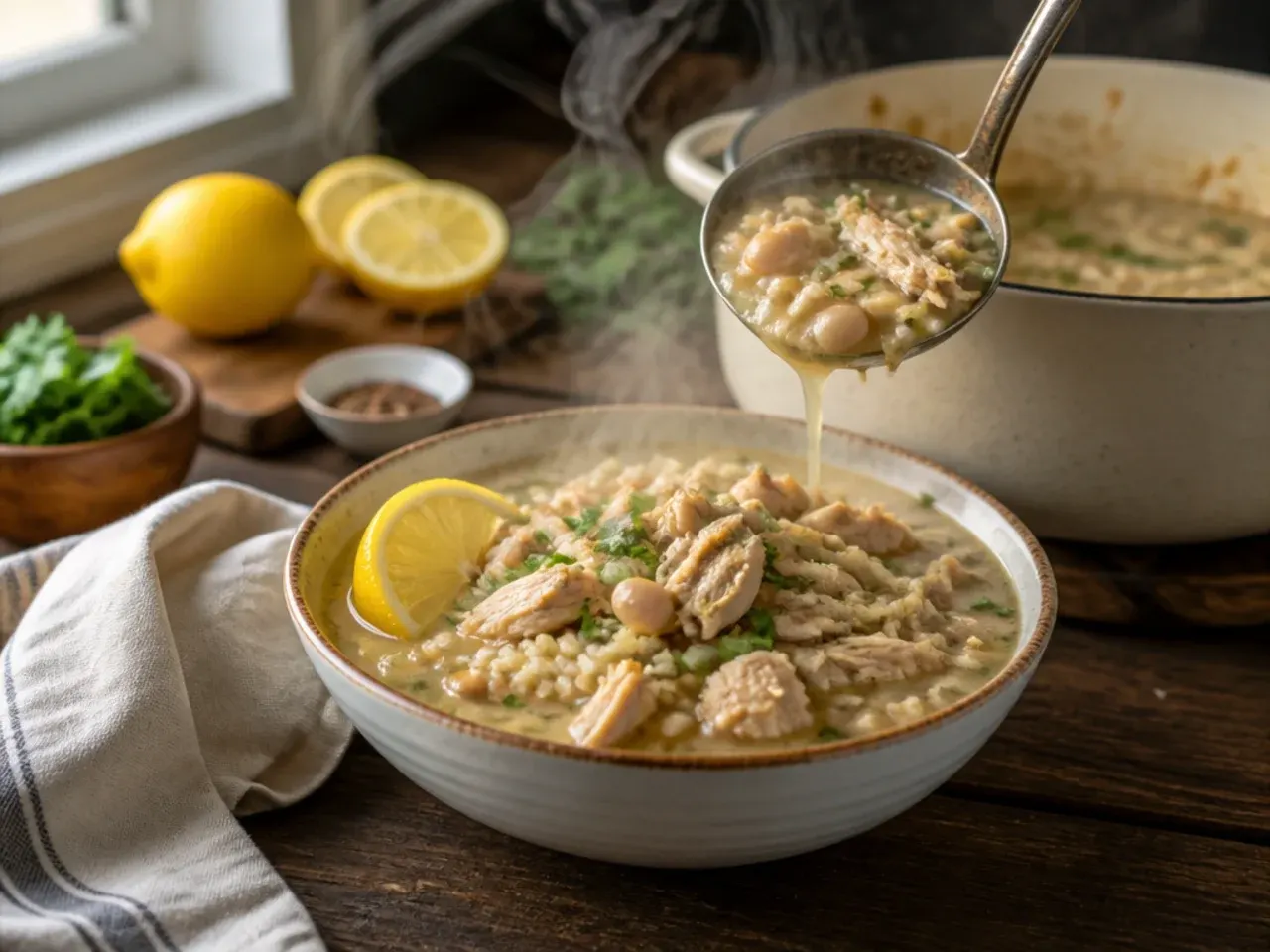 A deep bowl of white chicken chili with rice stirred through, served with a spoon and a side of crusty bread.