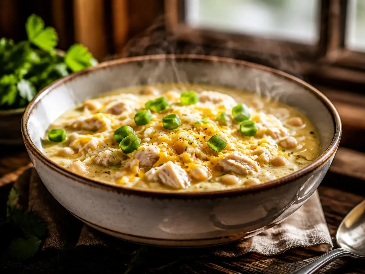 A close-up of extra-creamy white chicken chili being stirred, showing a rich, velvety texture from cream cheese and cream.