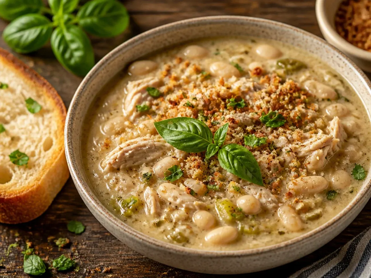 A quick pot of white chicken chili made with shredded rotisserie chicken, simmering on the stovetop.