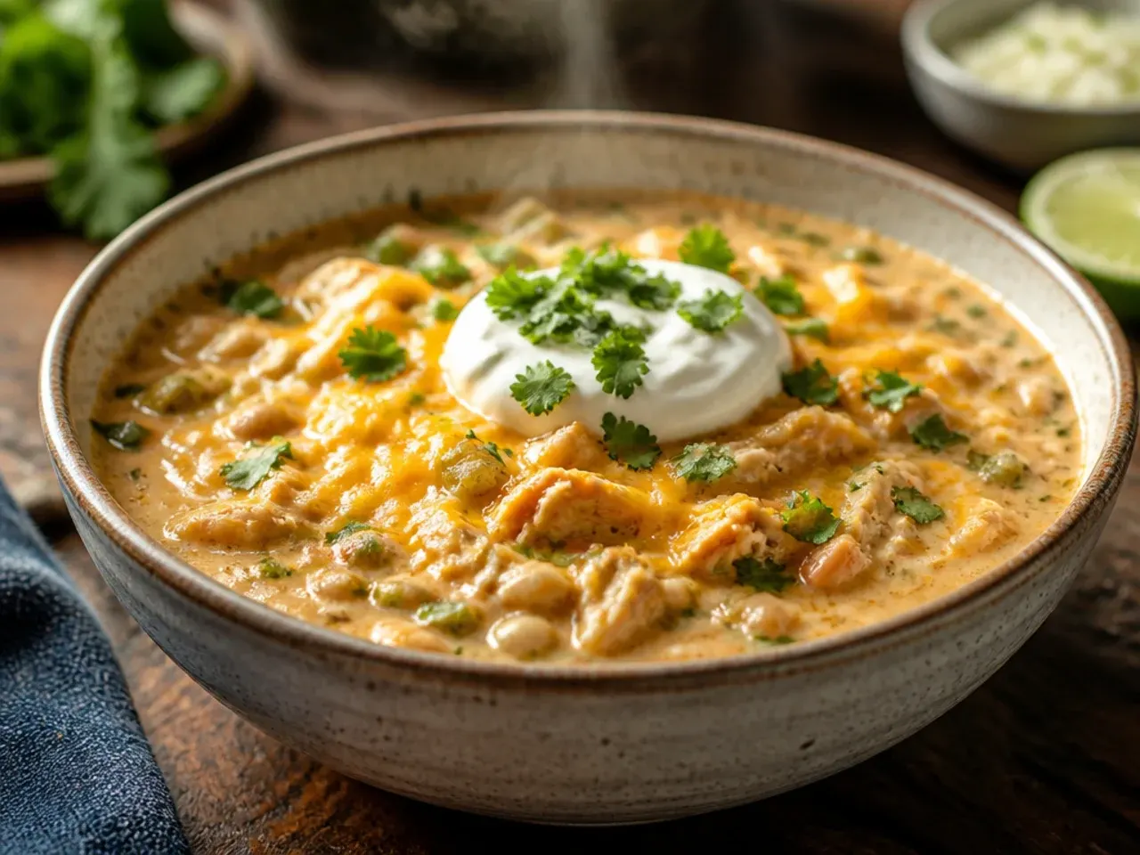 A cheesy baked white chicken chili in an ovenproof dish with a bubbling, golden-brown cheese topping.