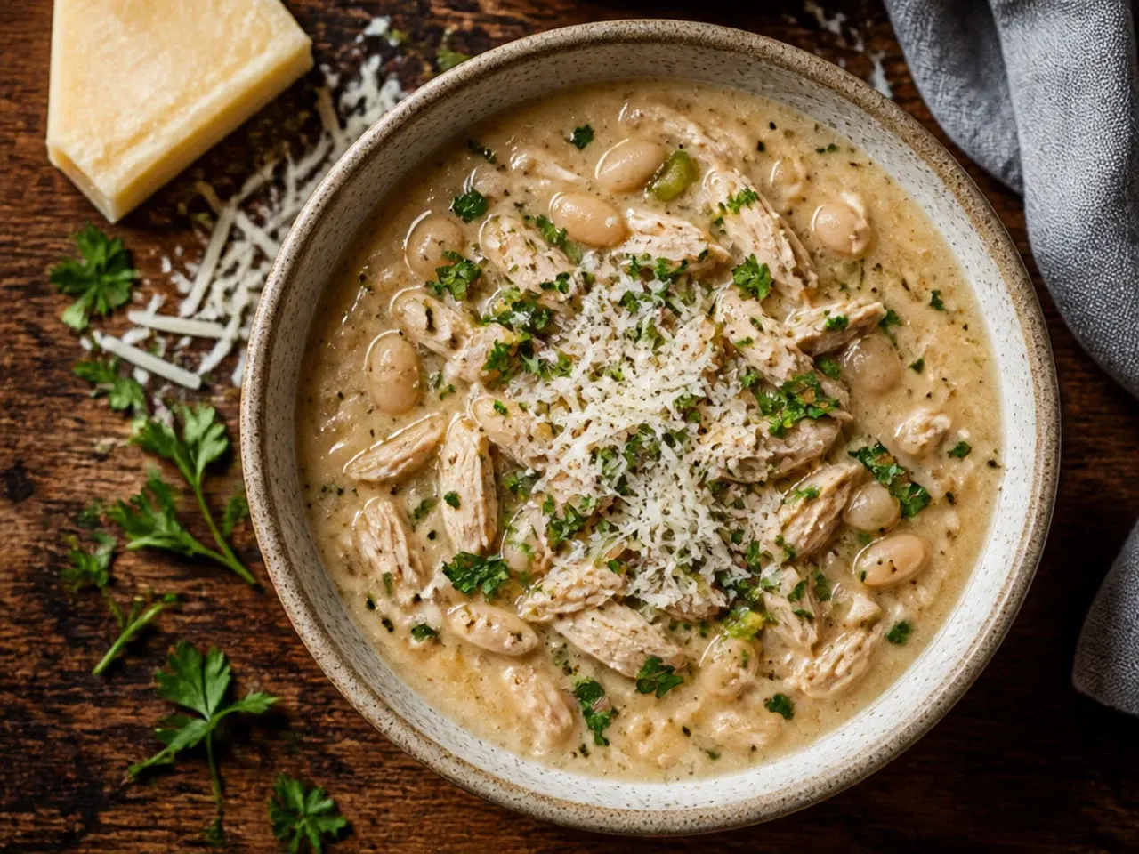 A budget-friendly pot of white chicken chili loaded with beans and sweetcorn, stretched to feed a family.