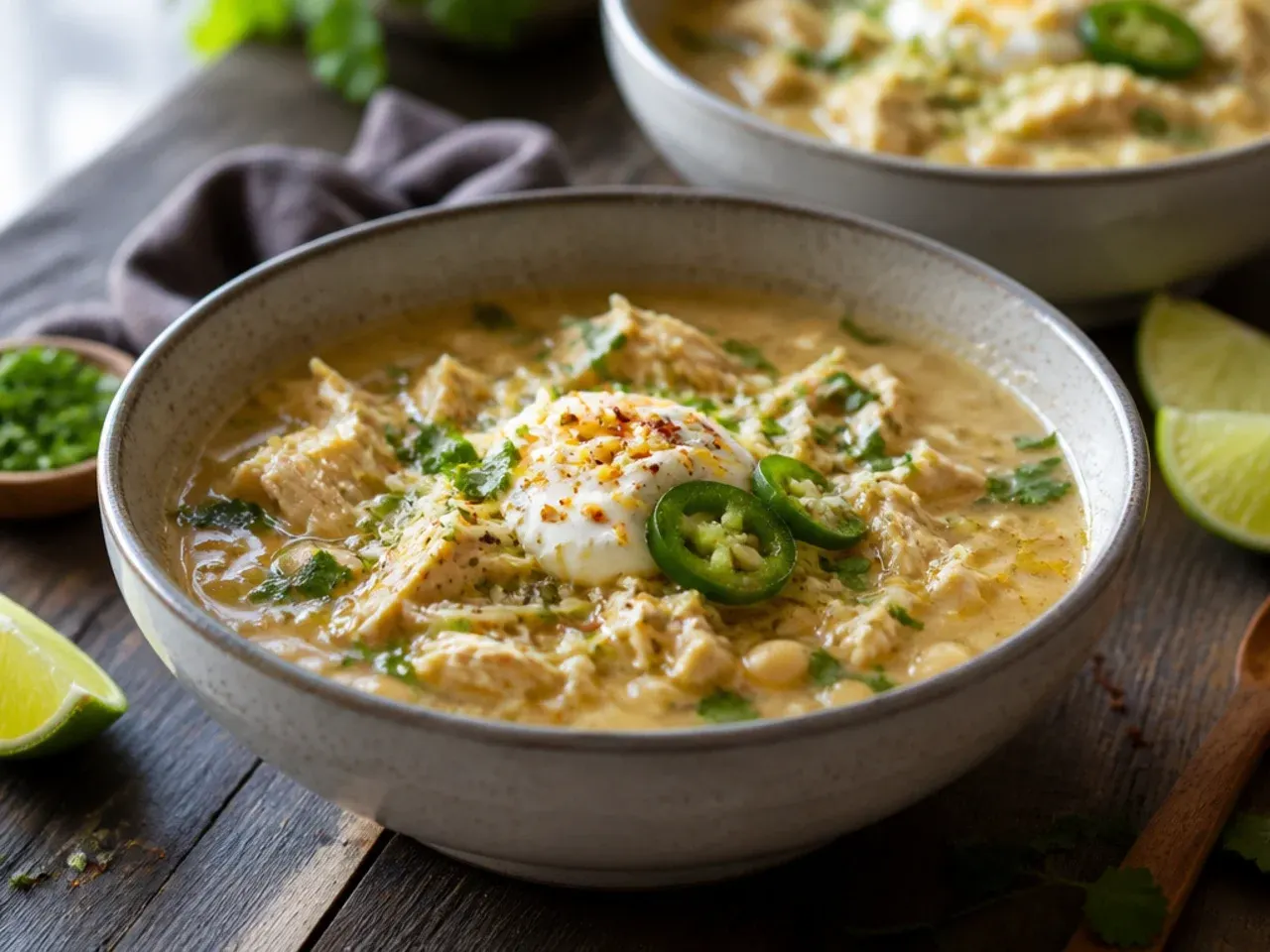A fast weeknight bowl of white chicken chili with small-diced chicken, ready in under 30 minutes.
