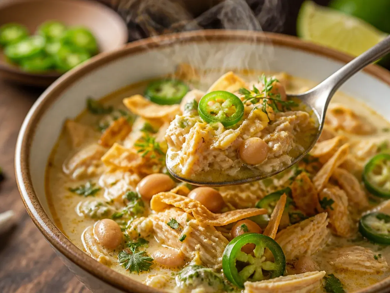 A rustic, chunky bowl of white chicken chili with visible whole beans and a garnish of fresh coriander.