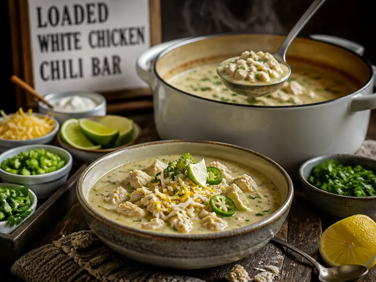 A loaded white chicken chili toppings bar with bowls of cheese, avocado, jalapenos, and tortilla strips.