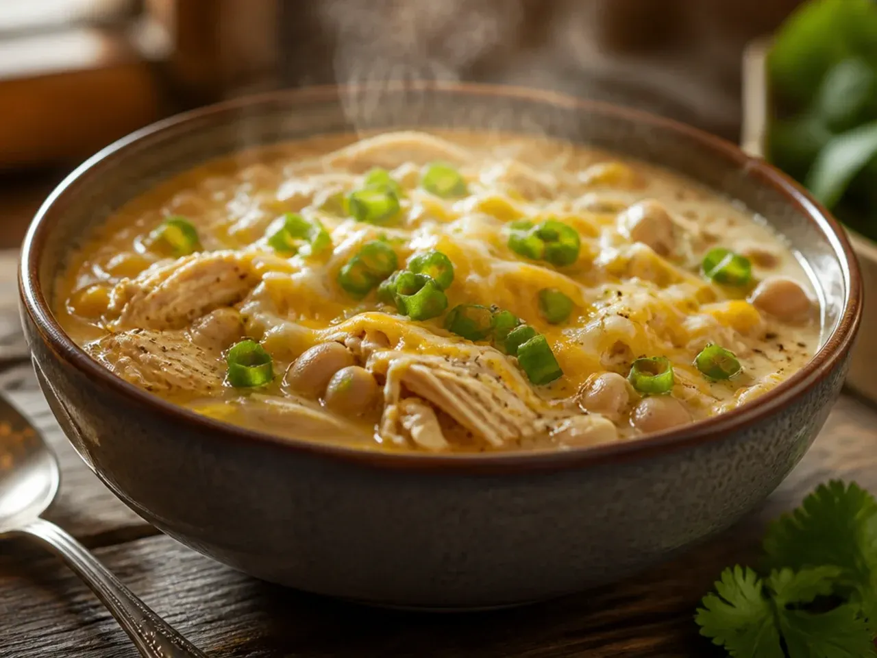 A large slow cooker filled with family-size white chicken chili, chicken shredding easily with two forks.