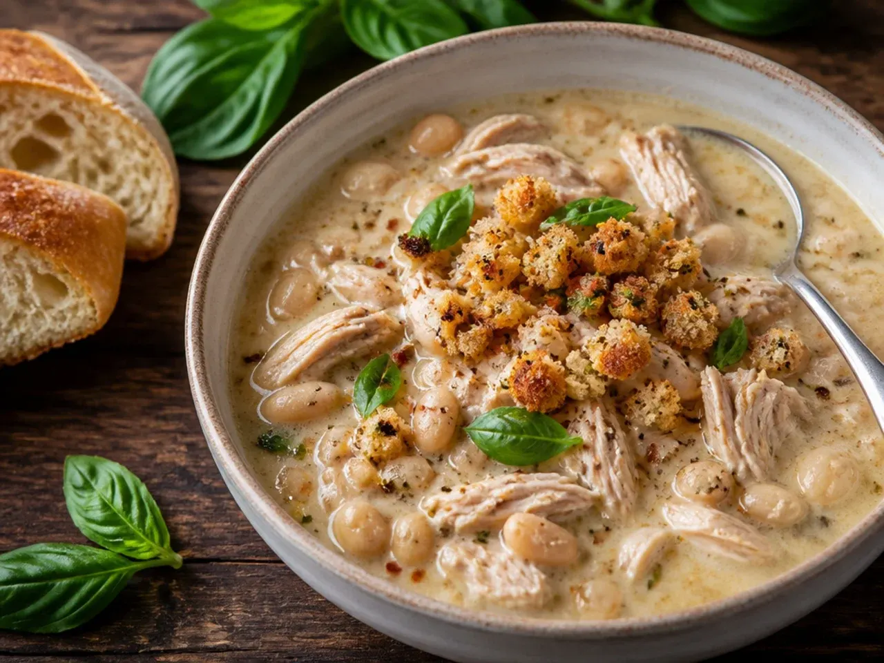 An Instant Pot open to reveal a finished batch of white chicken chili, ready to be stirred with cream cheese.