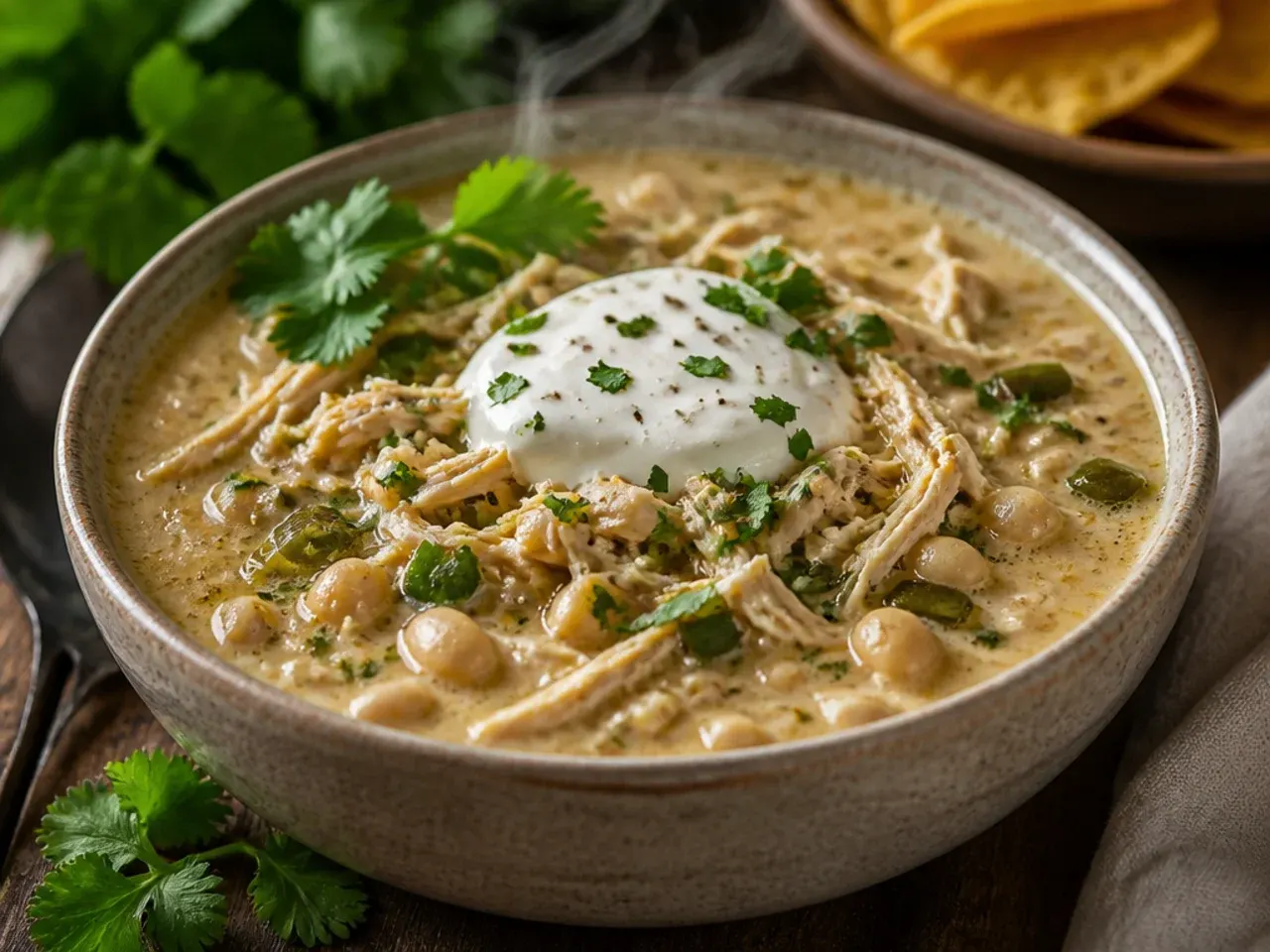 A single Dutch oven holding a complete one-pot white chicken chili, with a wooden spoon resting on the rim.