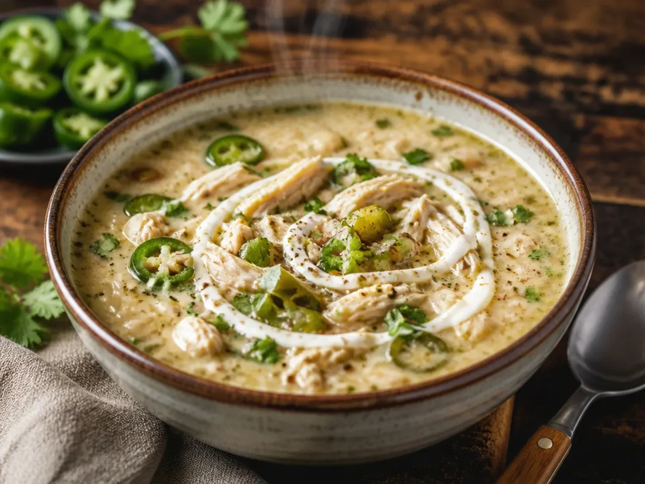 A spicy bowl of white chicken chili topped with fresh sliced jalapenos and a drizzle of hot sauce.