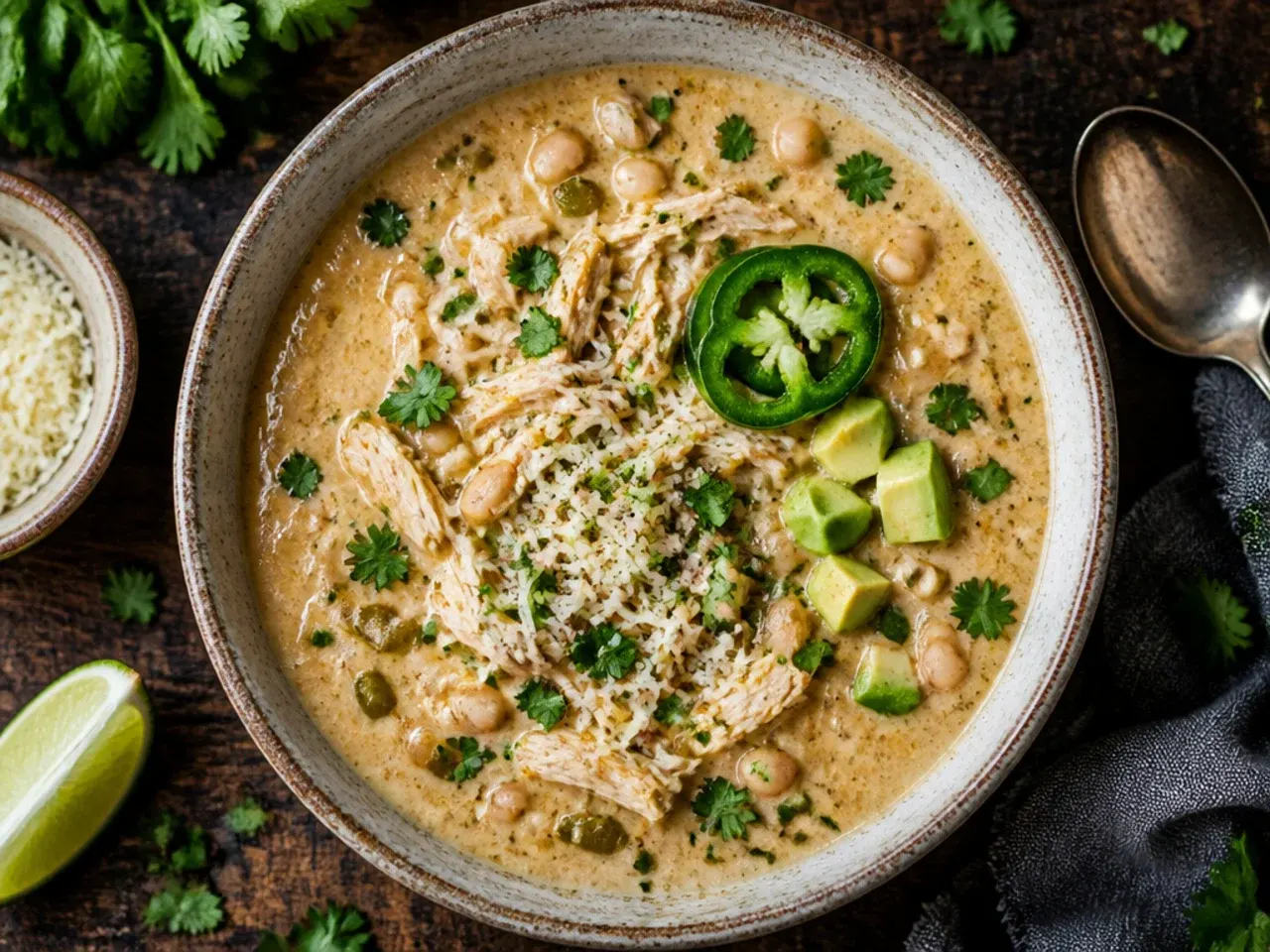 A smoky chipotle white chicken chili in a dark bowl, garnished with a lime wedge and coriander leaves.