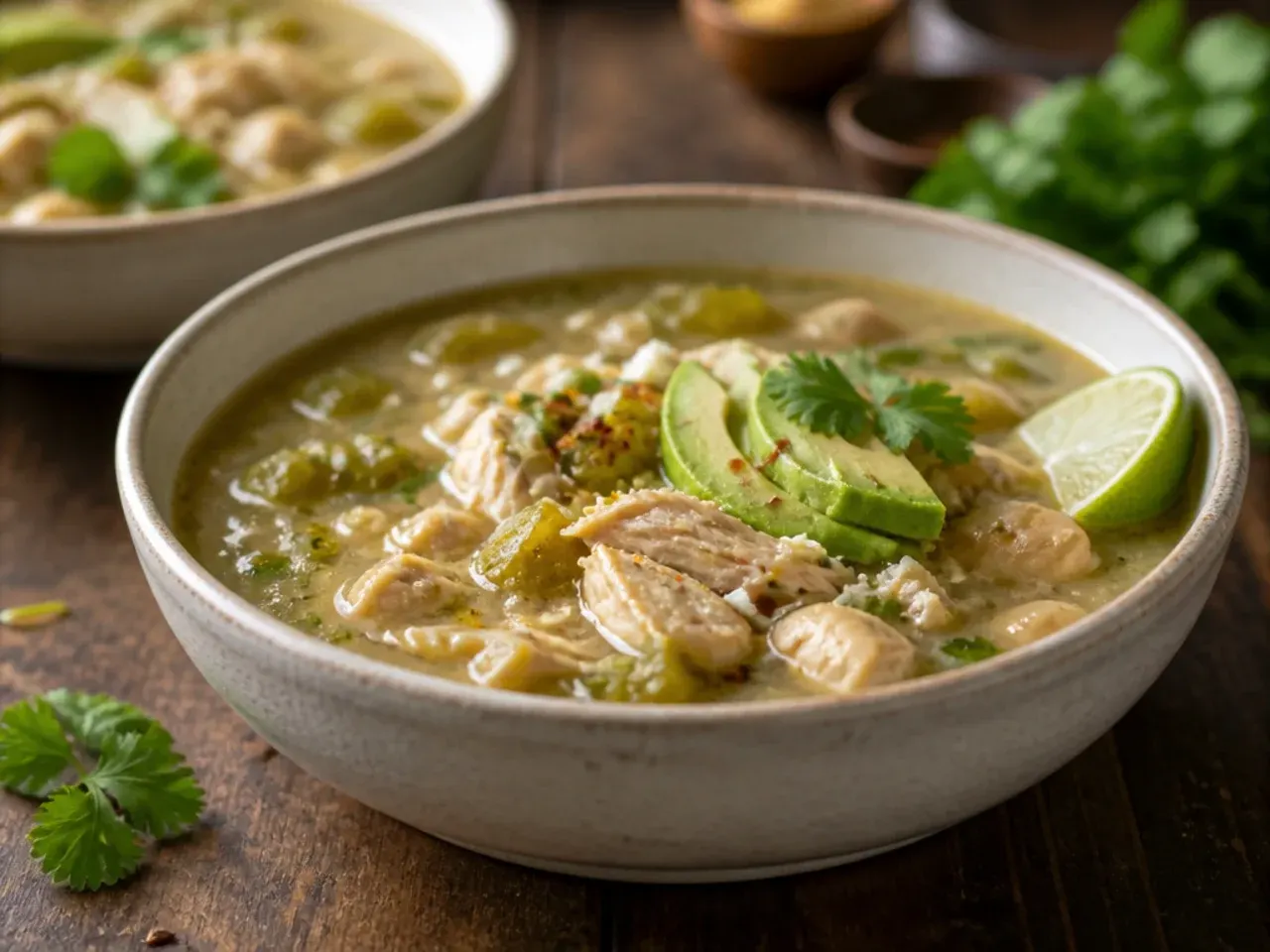 A bright green-tinged bowl of white chicken chili made with salsa verde, topped with diced avocado.