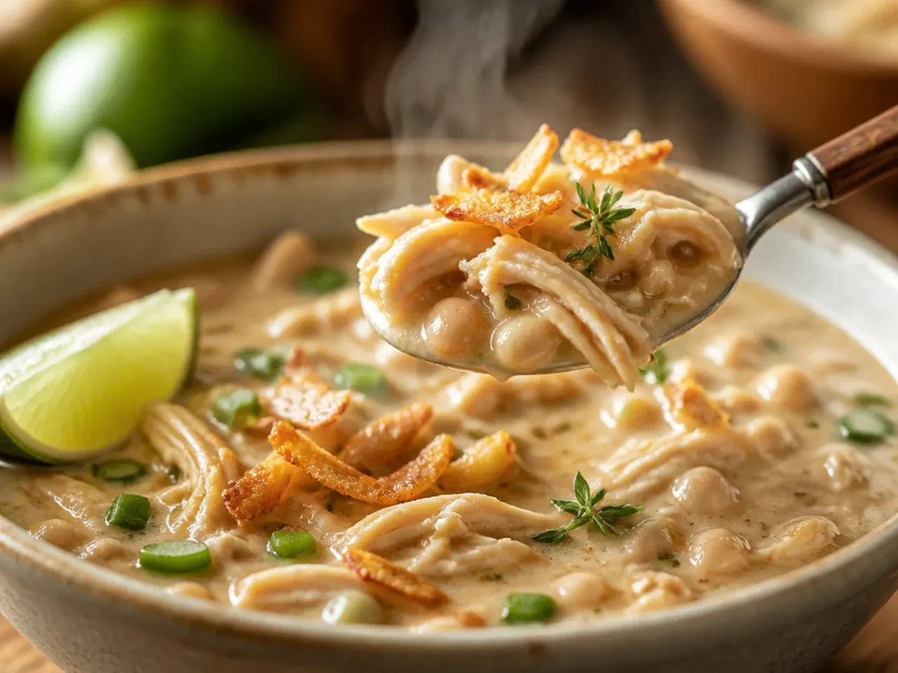 A dairy-free bowl of white chicken chili made creamy with coconut milk, garnished with lime and coriander.