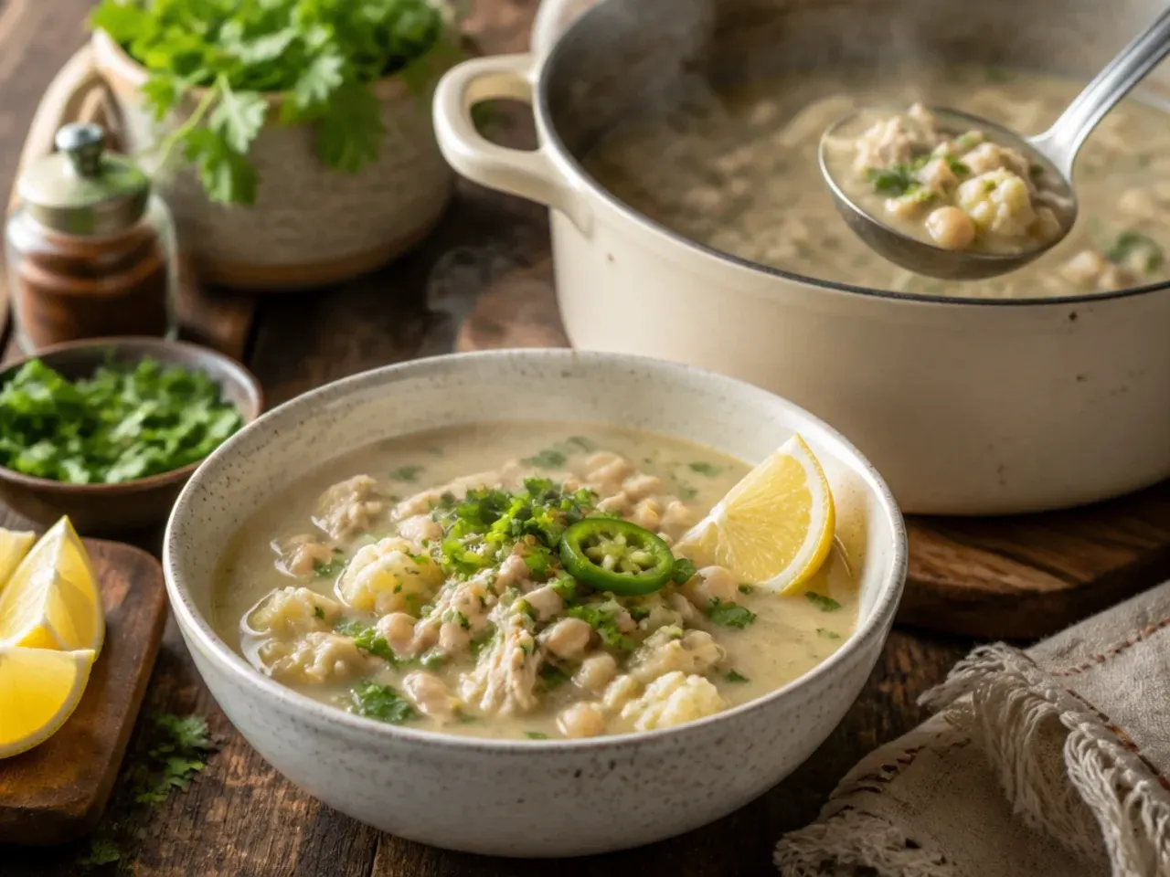 A light bowl of low-carb white chicken chili made with cauliflower rice instead of beans.