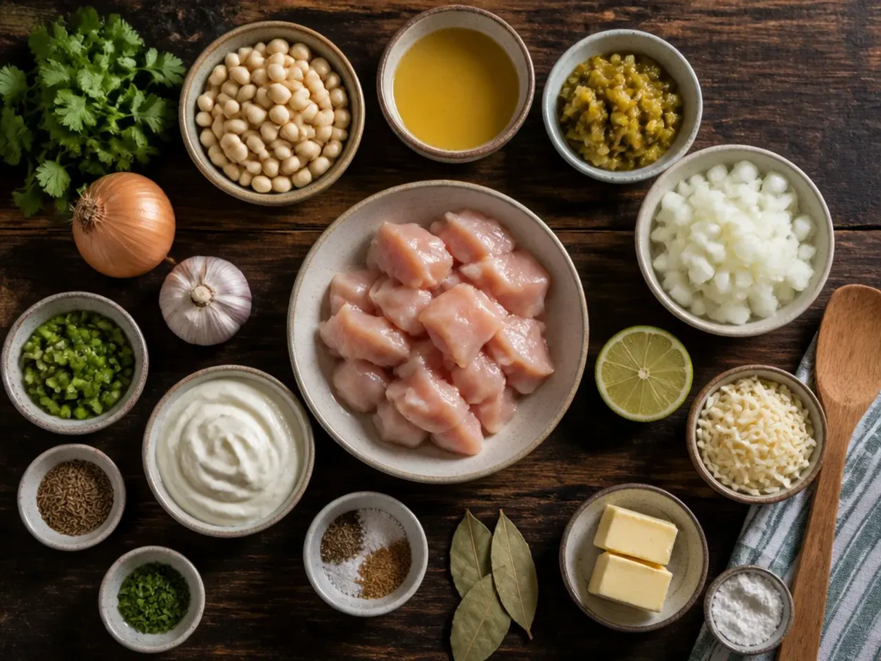 Close-up of a wooden spoon stirring cream cheese into a pot of white chicken chili over low heat.