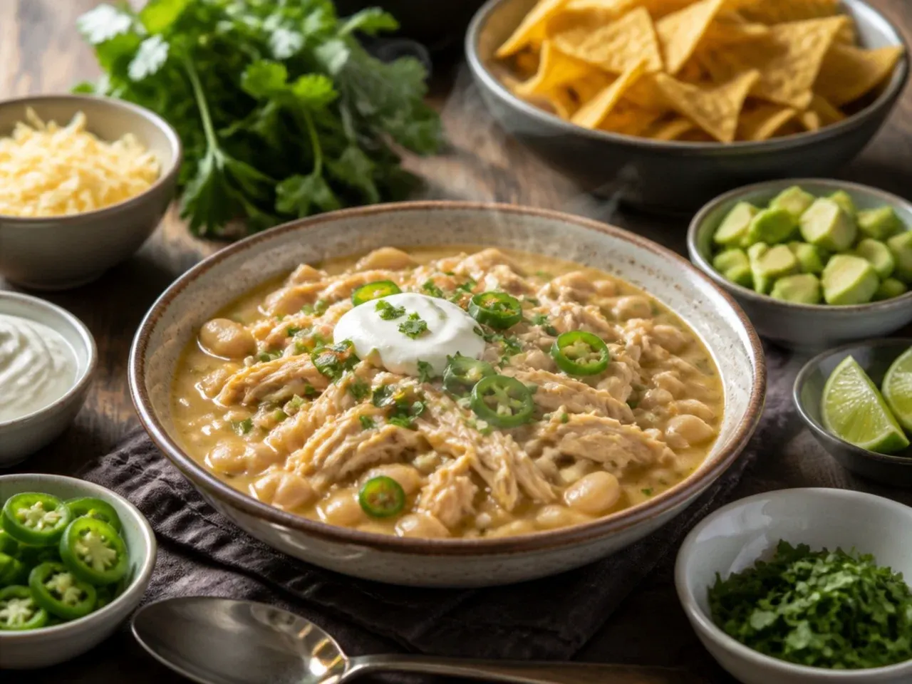 A dinner table set with bowls of white chicken chili, warm tortillas, cornbread, and a fresh green salad.