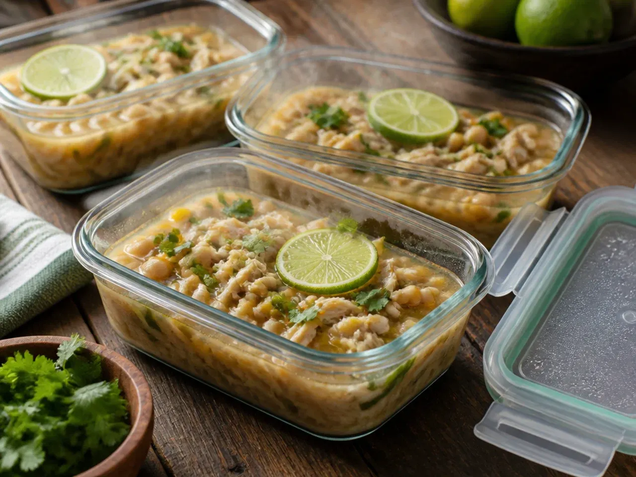 Individual portions of white chicken chili in airtight containers, ready to be frozen for later.