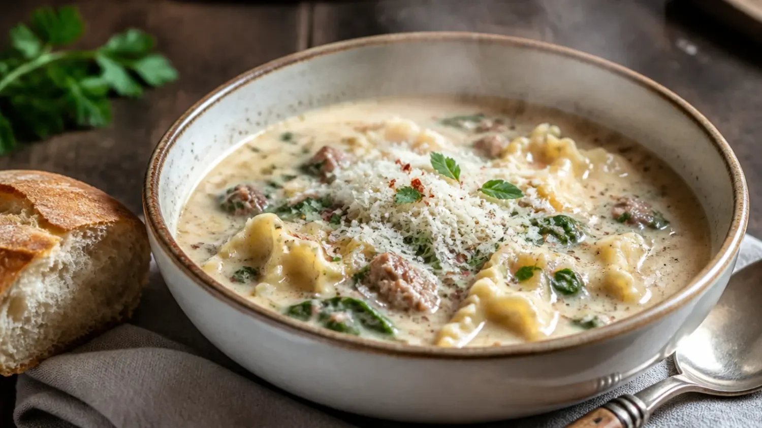 Overhead shot of a bowl of creamy white lasagna soup topped with a dollop of ricotta, melted mozzarella and fresh basil, with pieces of broken lasagna noodles visible in the broth