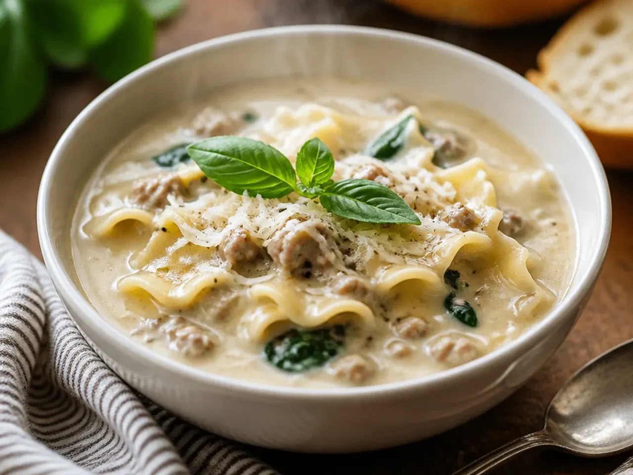 Pot of creamy white lasagna soup simmering on the hob with steam rising