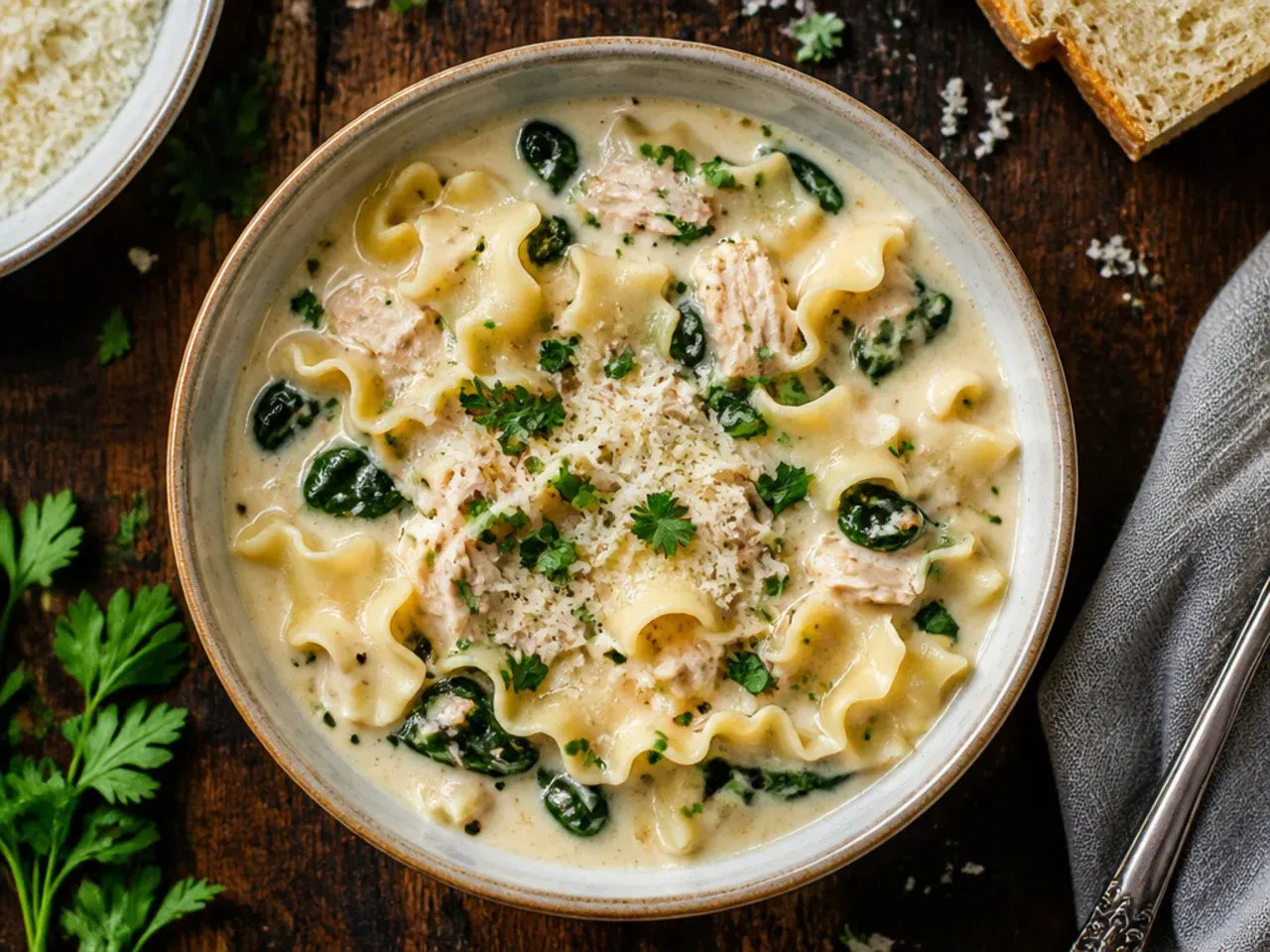 Bowl of classic white lasagna soup with chicken, spinach and a dollop of ricotta
