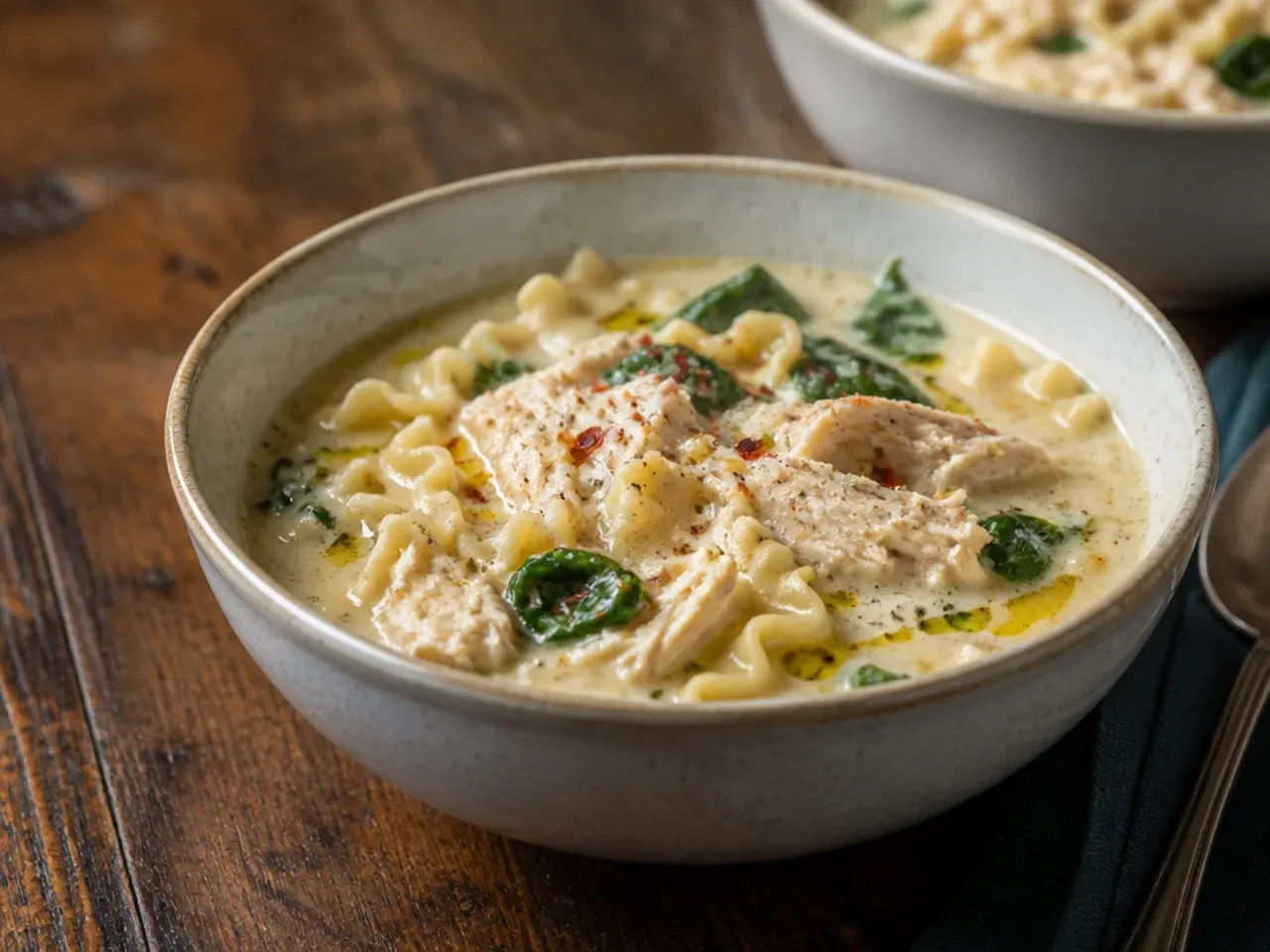 Shredded rotisserie chicken being stirred into creamy white lasagna soup