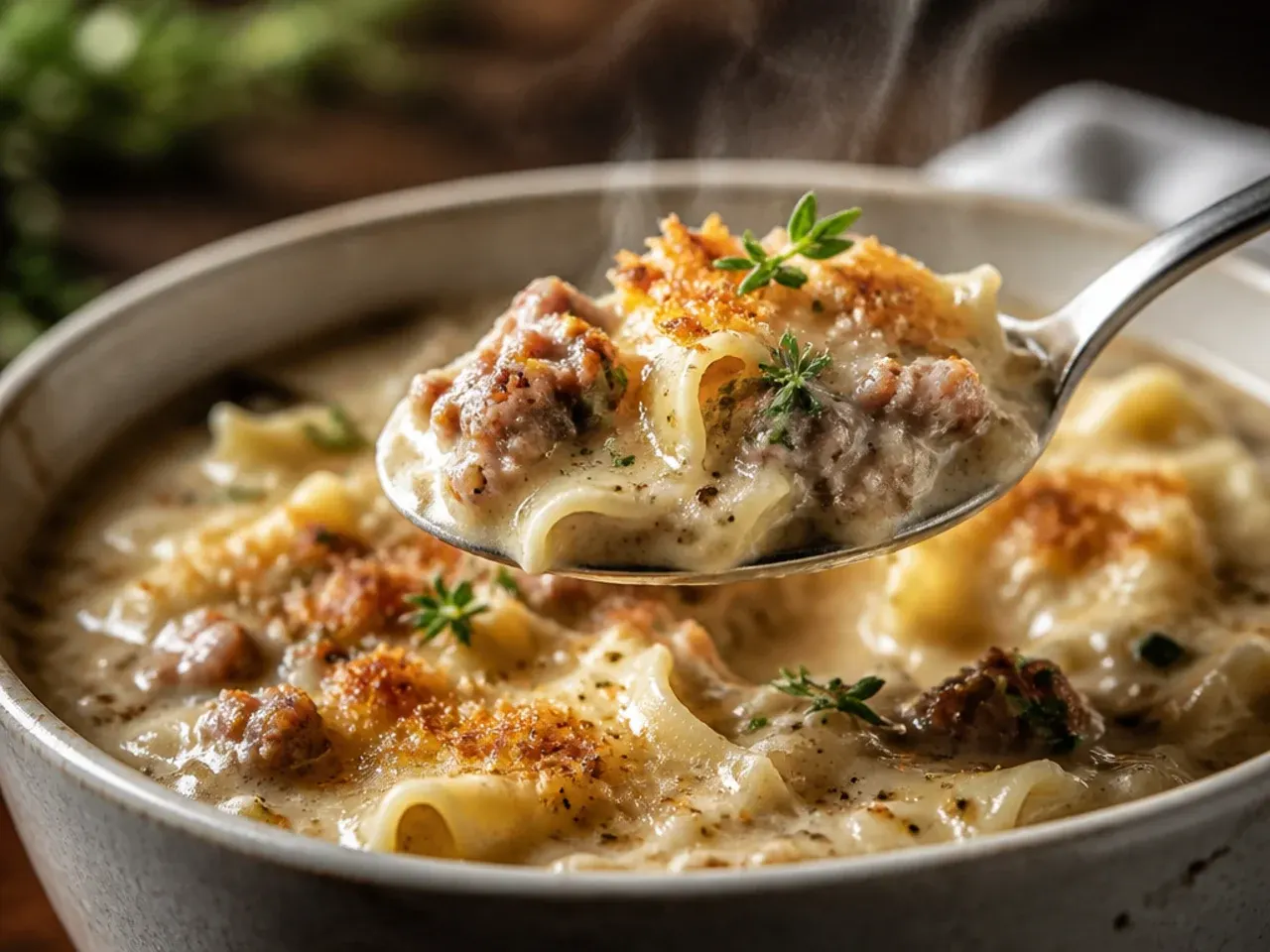 Hearty white lasagna soup with crumbled Italian sausage and cheese