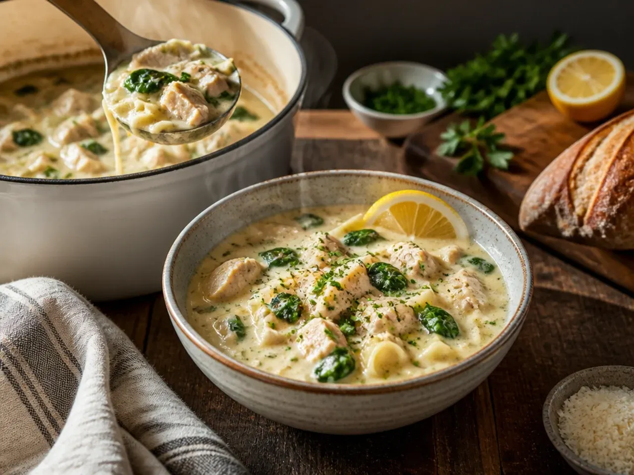Cozy bowl of nutmeg-spiced creamy white lasagna soup with parsley on top