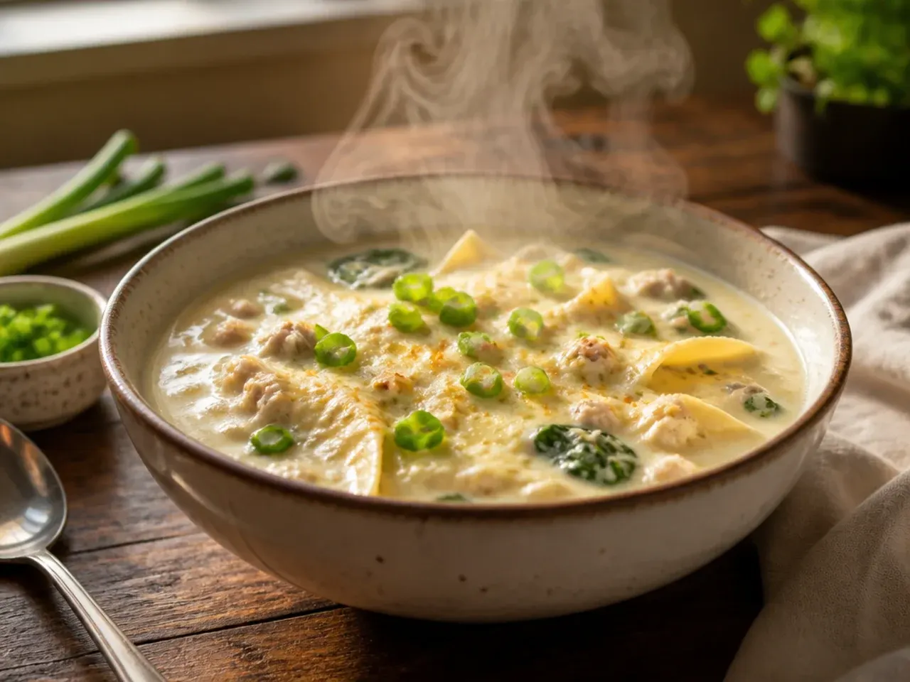 Silky white lasagna soup enriched with melted mascarpone
