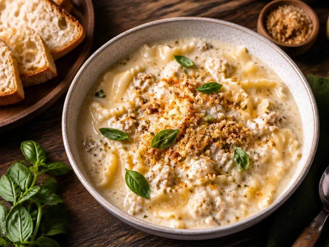 Simple five-ingredient white lasagna soup in a rustic bowl