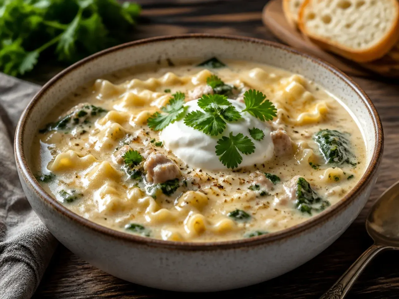 Extra cheesy white lasagna soup with melted mozzarella strings