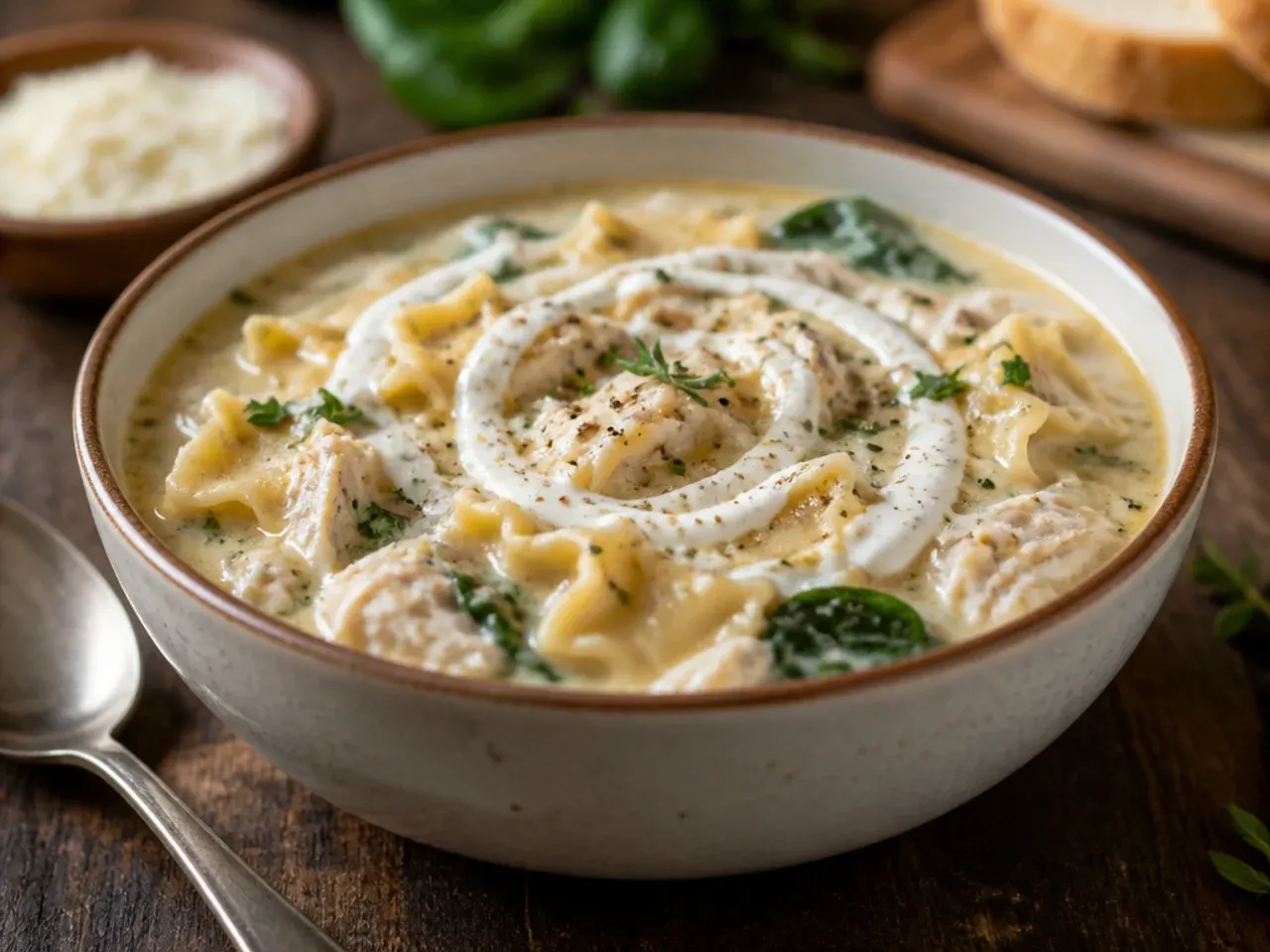 Comforting slow-simmered white lasagna soup with thyme and bay leaf
